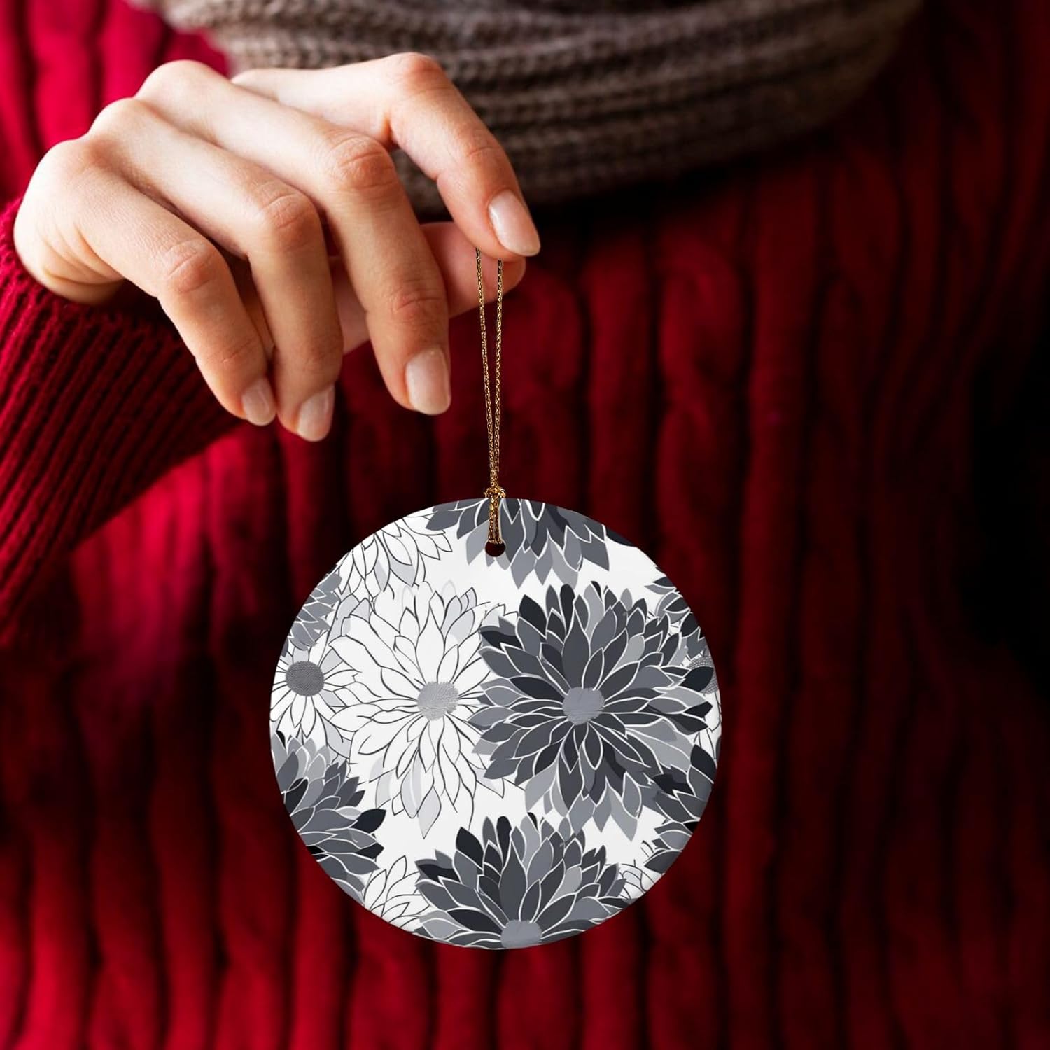 Christmas Ornaments Grey Black White Flower Round Ceramic Pendant Decor