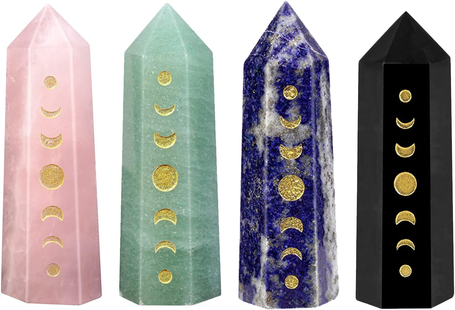 Set of 4 Engraved Moon Phase Crystal Wands for Reiki and Meditation