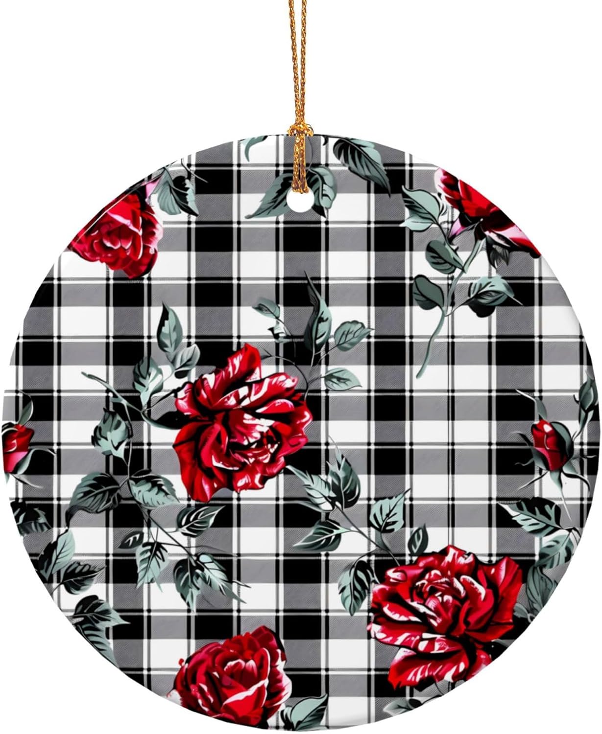 Christmas Ornaments Retro Rose Black Plaid Ceramic Pendant