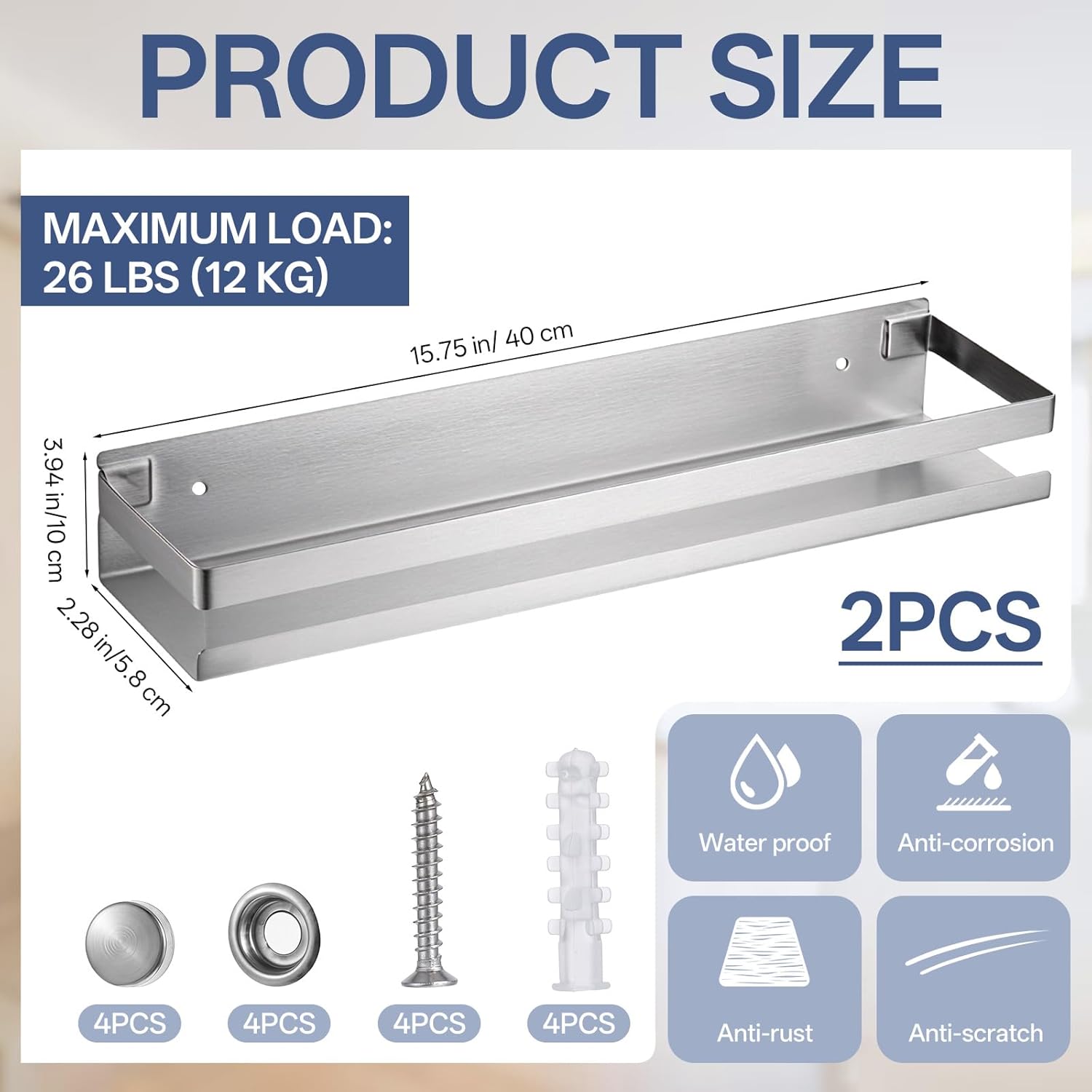 2 Pack Stainless Steel Floating Bathroom Shelf with Guardrails