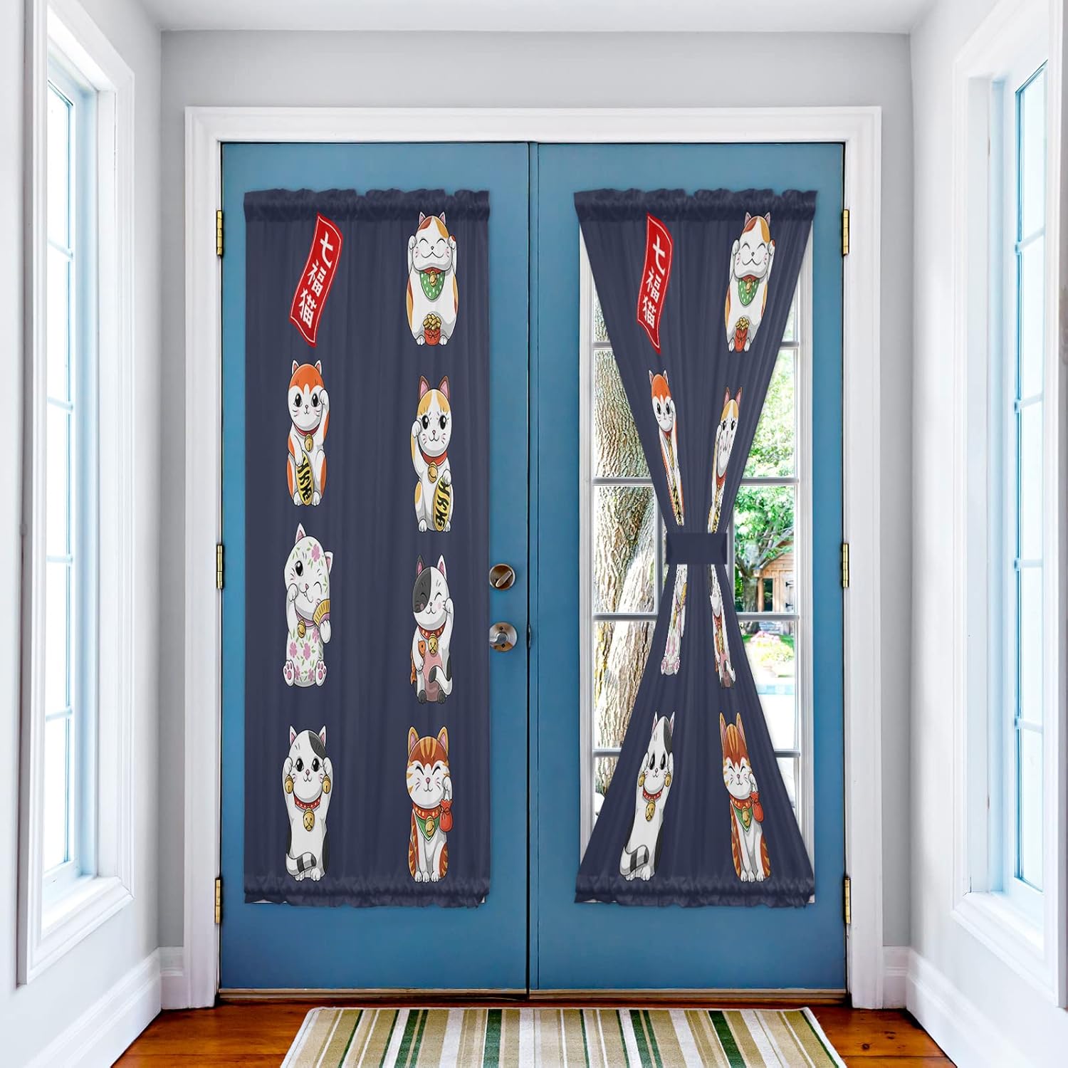 Japanese Noren Door Curtains With Double Rod Pocket Lucky Cats Blue