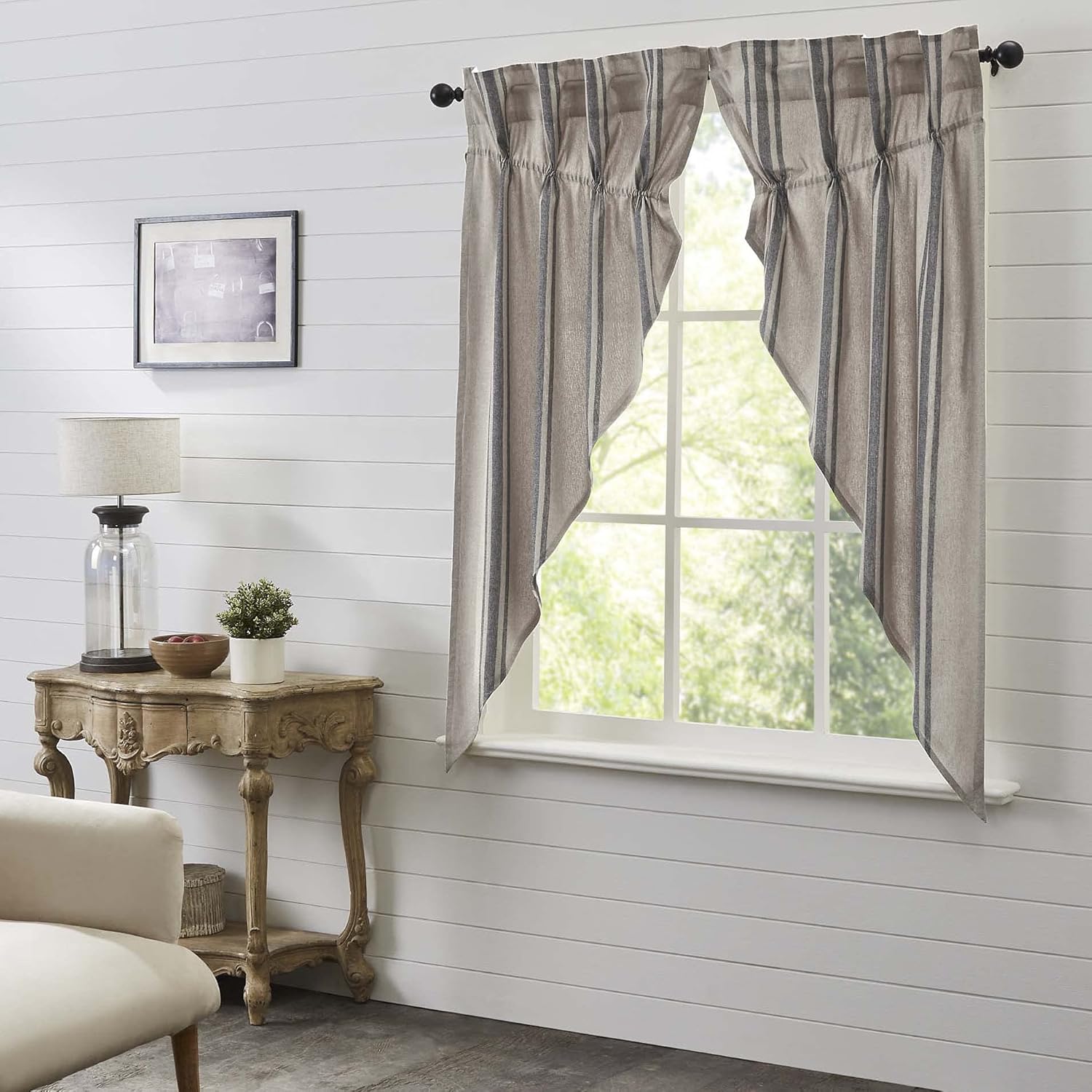 VHC Brands Grain Sack Charcoal Black Stripe Prairie Curtain Panels Set