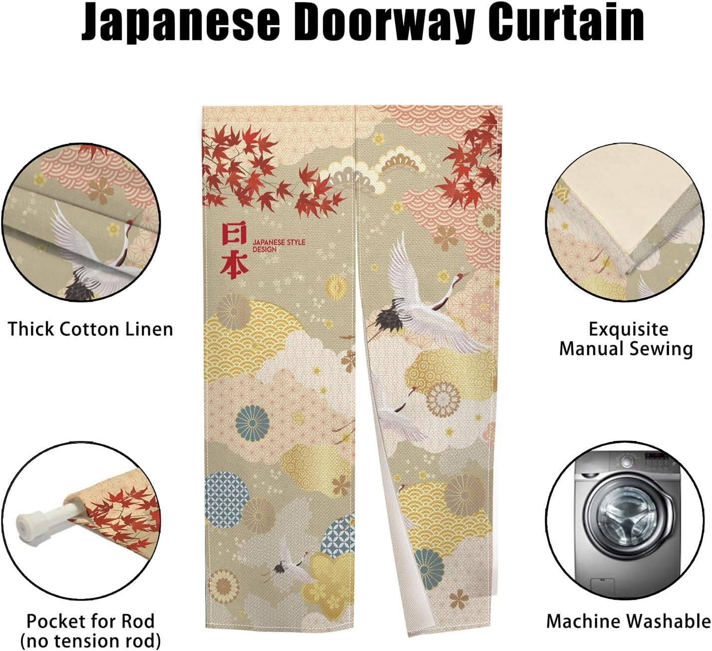 Japanese Style Noren Door Curtain with Maple Leaf and Crane Designs