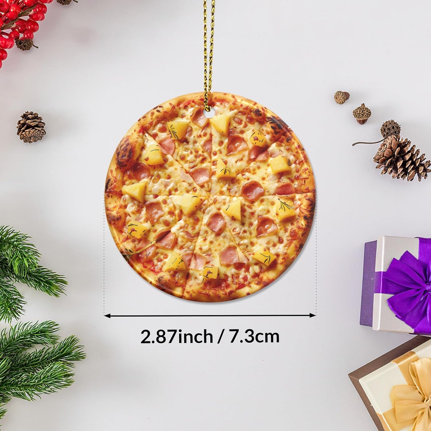 Generic Hawaiian Pizza with Pineapple and Ham Ceramic Christmas Ornaments 3 Inch Hanging