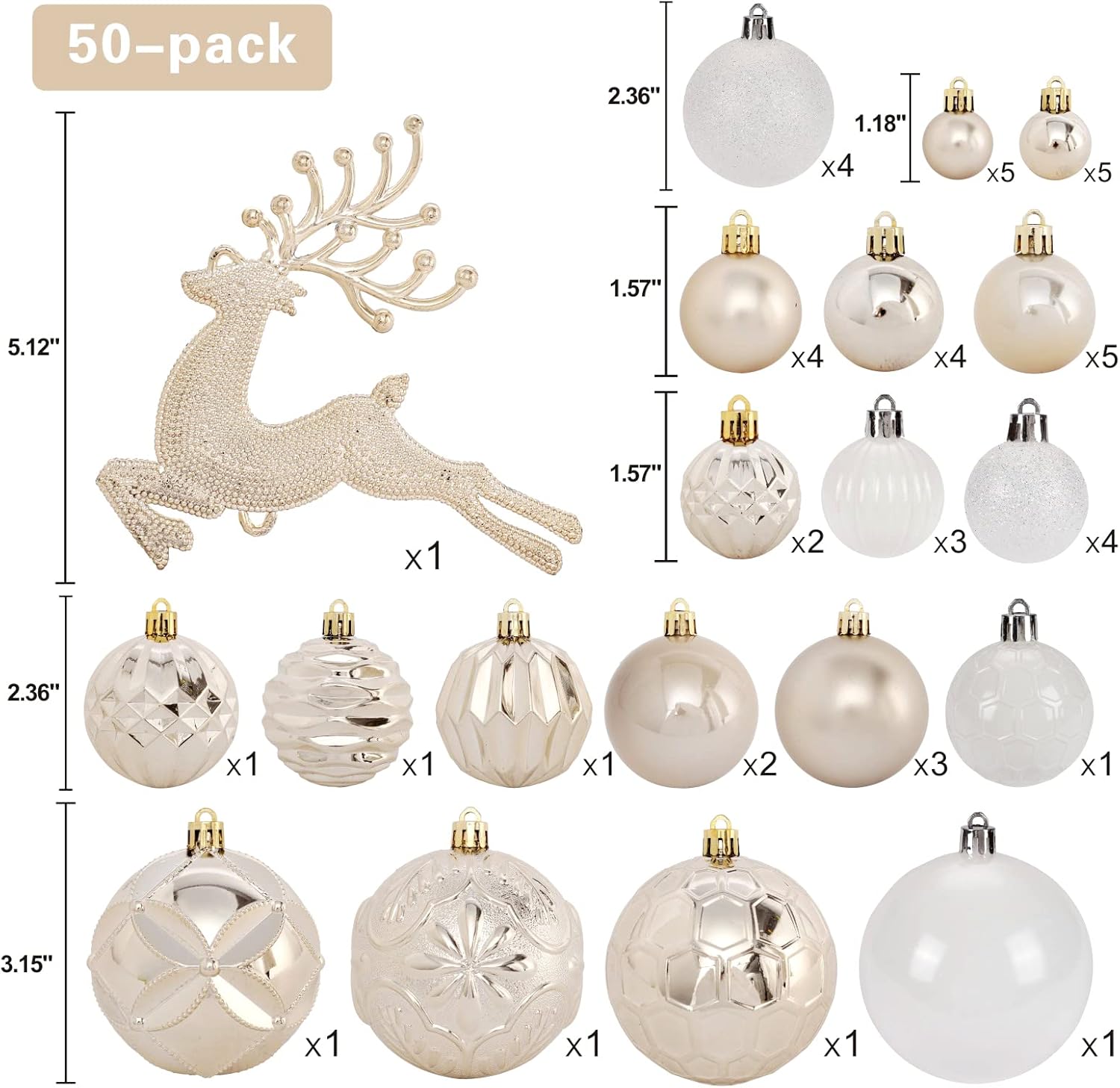 Christmas Tree Ornaments Set 50ct Shatterproof Champagne and White Balls