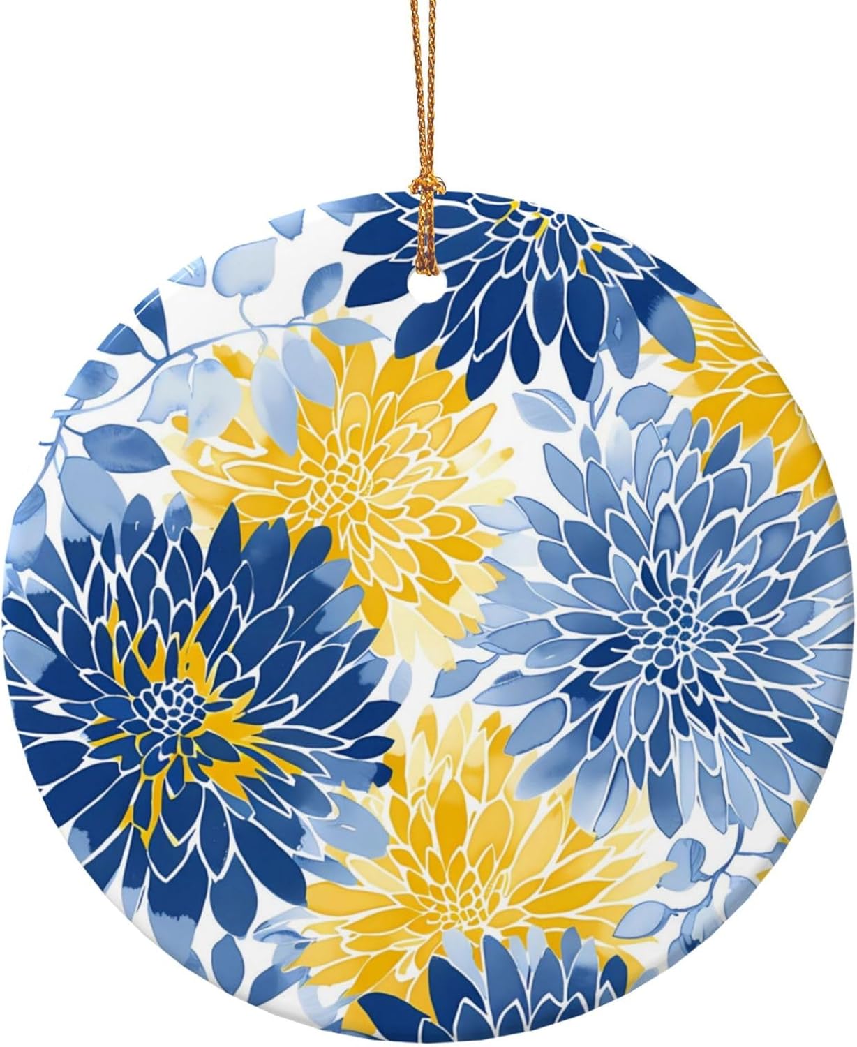 Blue Yellow Chrysanthemum Ceramic Pendant Hanging Ornament for Christmas Tree
