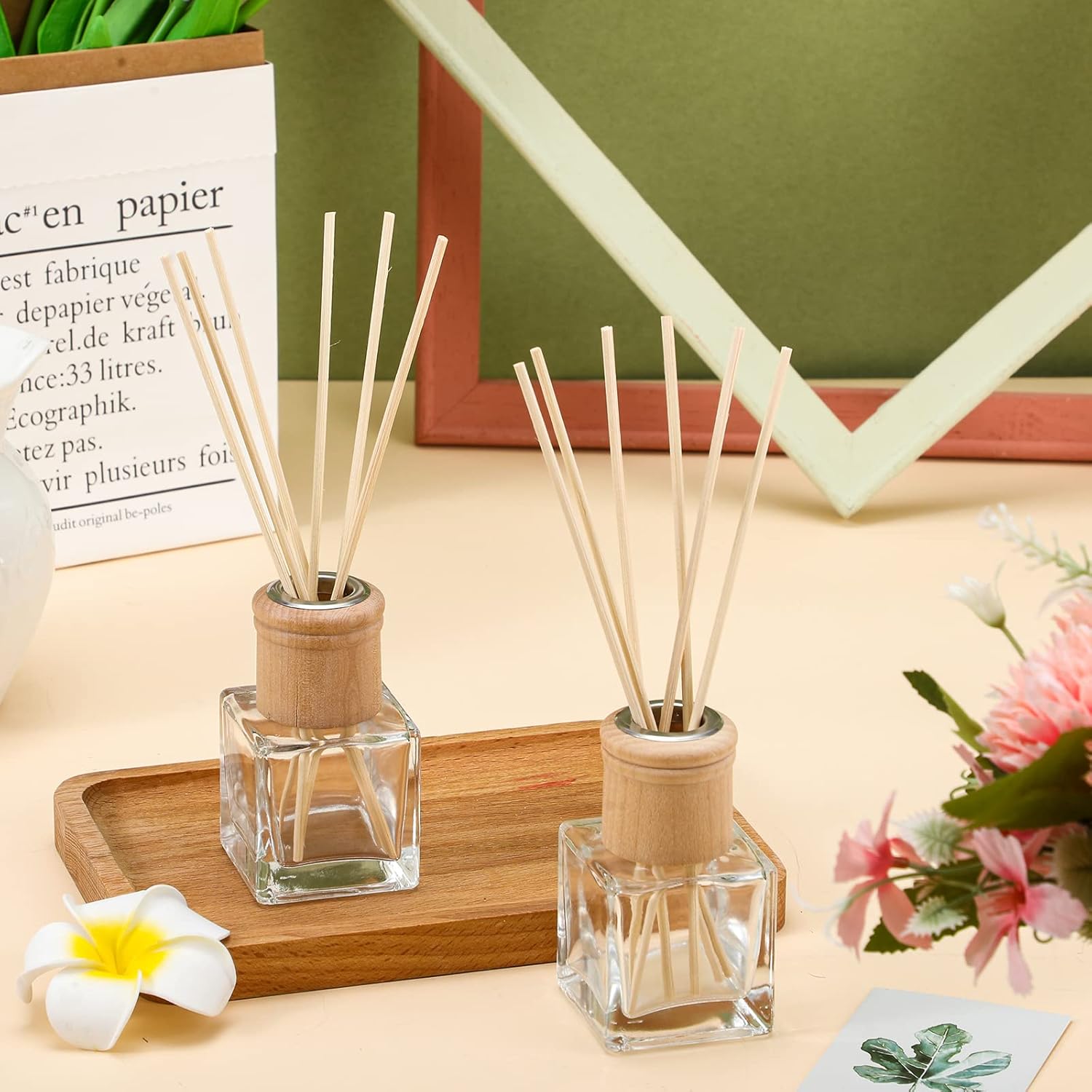 Roshtia 4 Set Glass Diffuser Bottles with Wooden Caps and Rattan Sticks