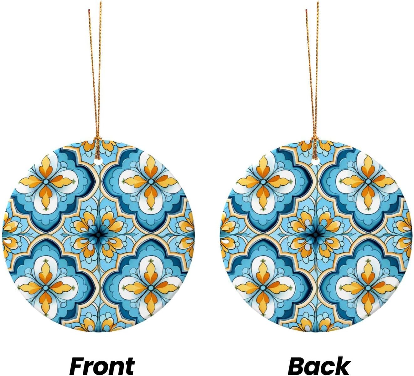 Christmas Ornaments Blue Yellow Quatrefoil Round Ceramic Pendant Decor
