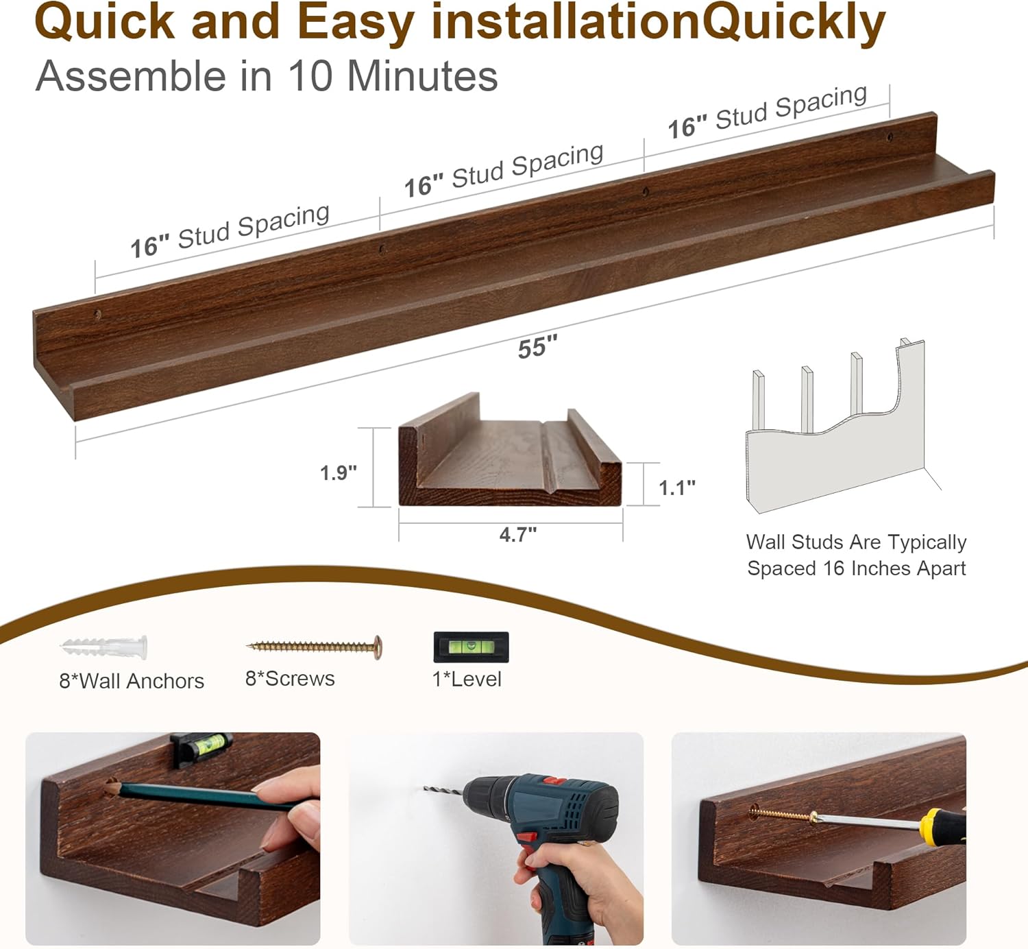 Floating Picture Ledge Shelves Set of 2 55 Inch Solid Oak
