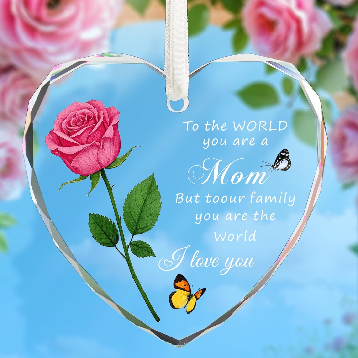 Heart Shaped Glass Christmas Ornament for Mom Pink Rose Design