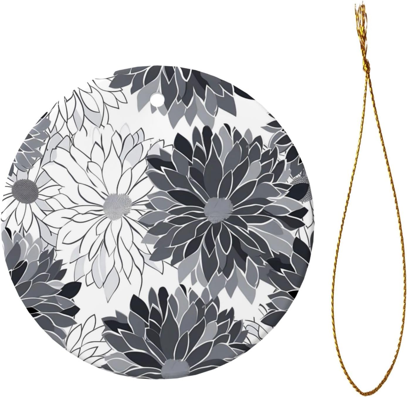 Christmas Ornaments Grey Black White Flower Round Ceramic Pendant Decor