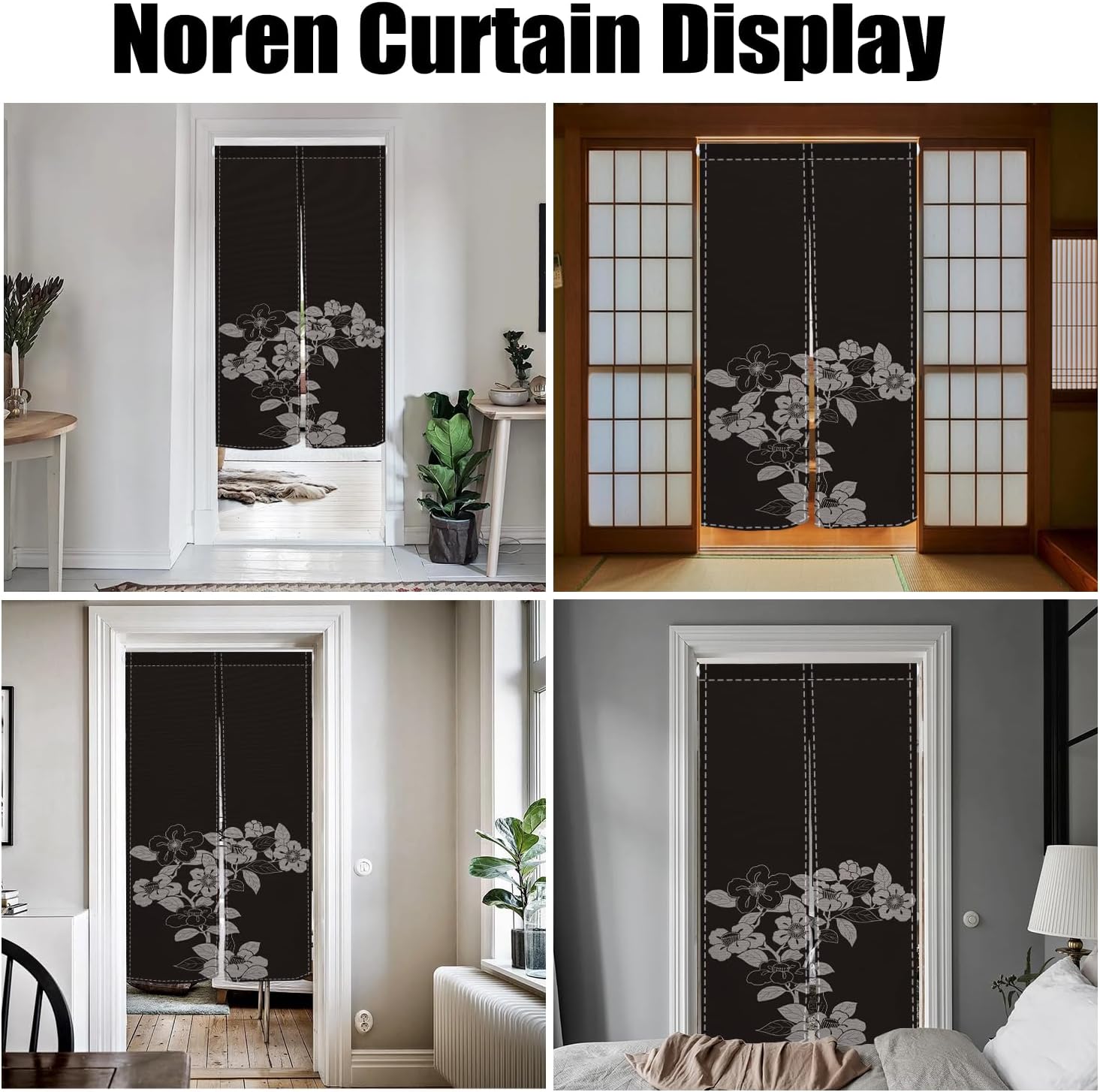 Black Noren Door Curtain with Blooming Flowers Pattern