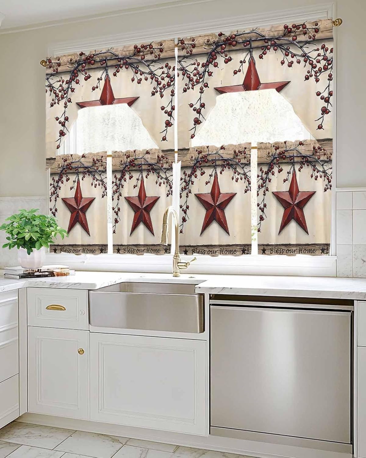 Red Texas Star Rustic Kitchen Curtain Set 3 Piece