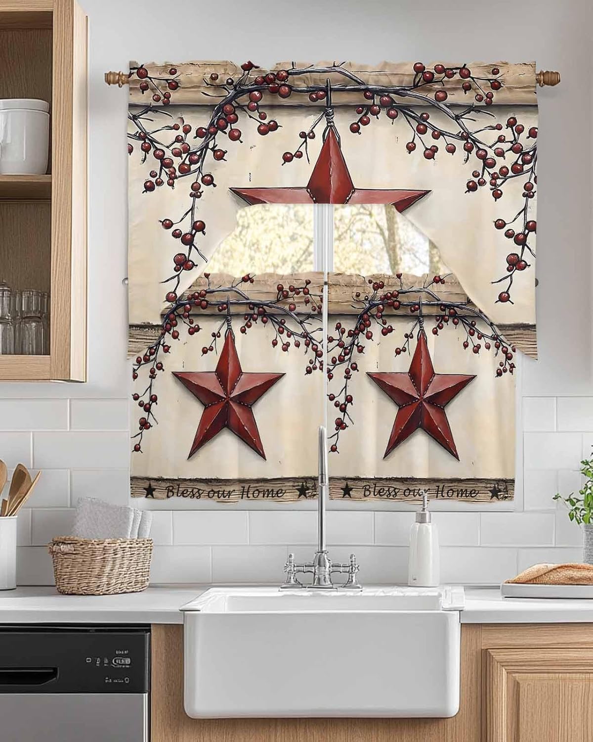Red Texas Star Rustic Kitchen Curtain Set 3 Piece