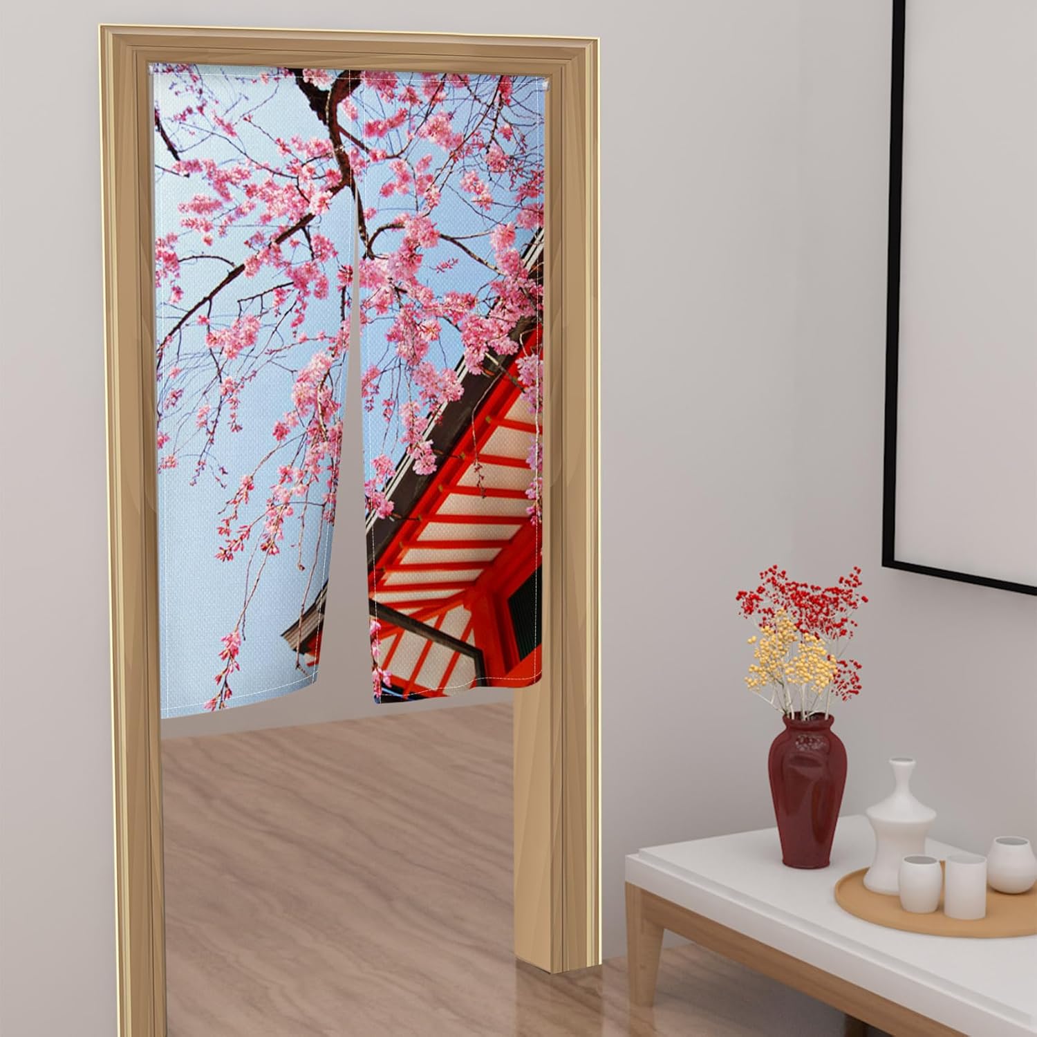 Leowefowa Japanese Noren Door Curtain Panel Spring Pink Cherry Blossom
