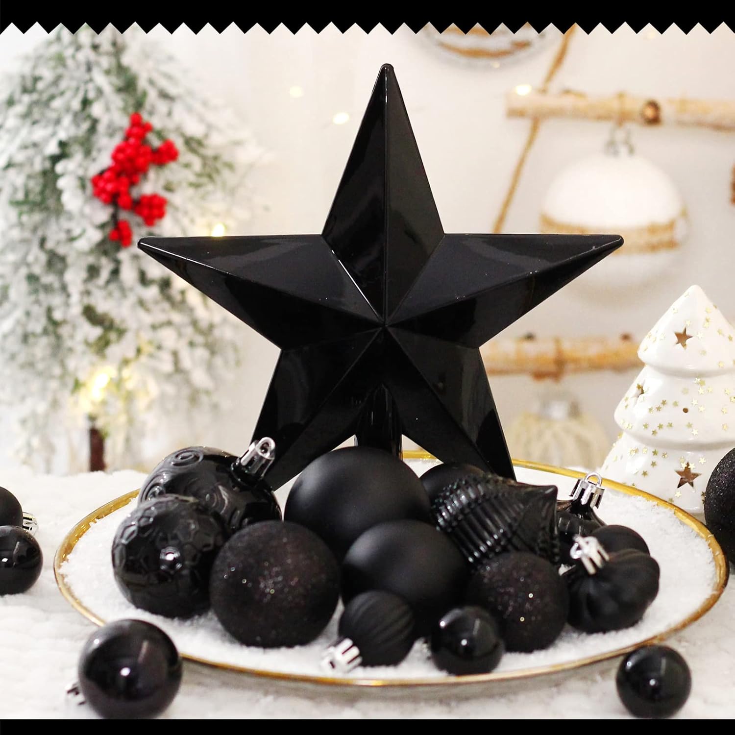 52-Pack Shatterproof Black Christmas Tree Ornaments with Star Topper