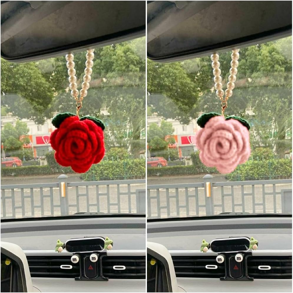 WAYUTO 2Pcs Pink Red Rose Crochet Car Hanging Decor