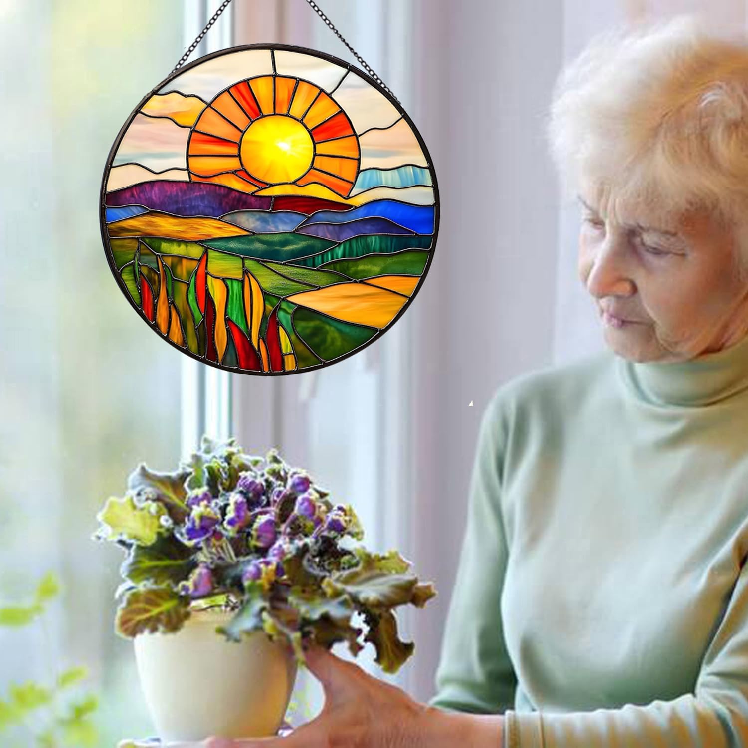 Payutou Sunrise Hanging Stained Glass Window Suncatcher