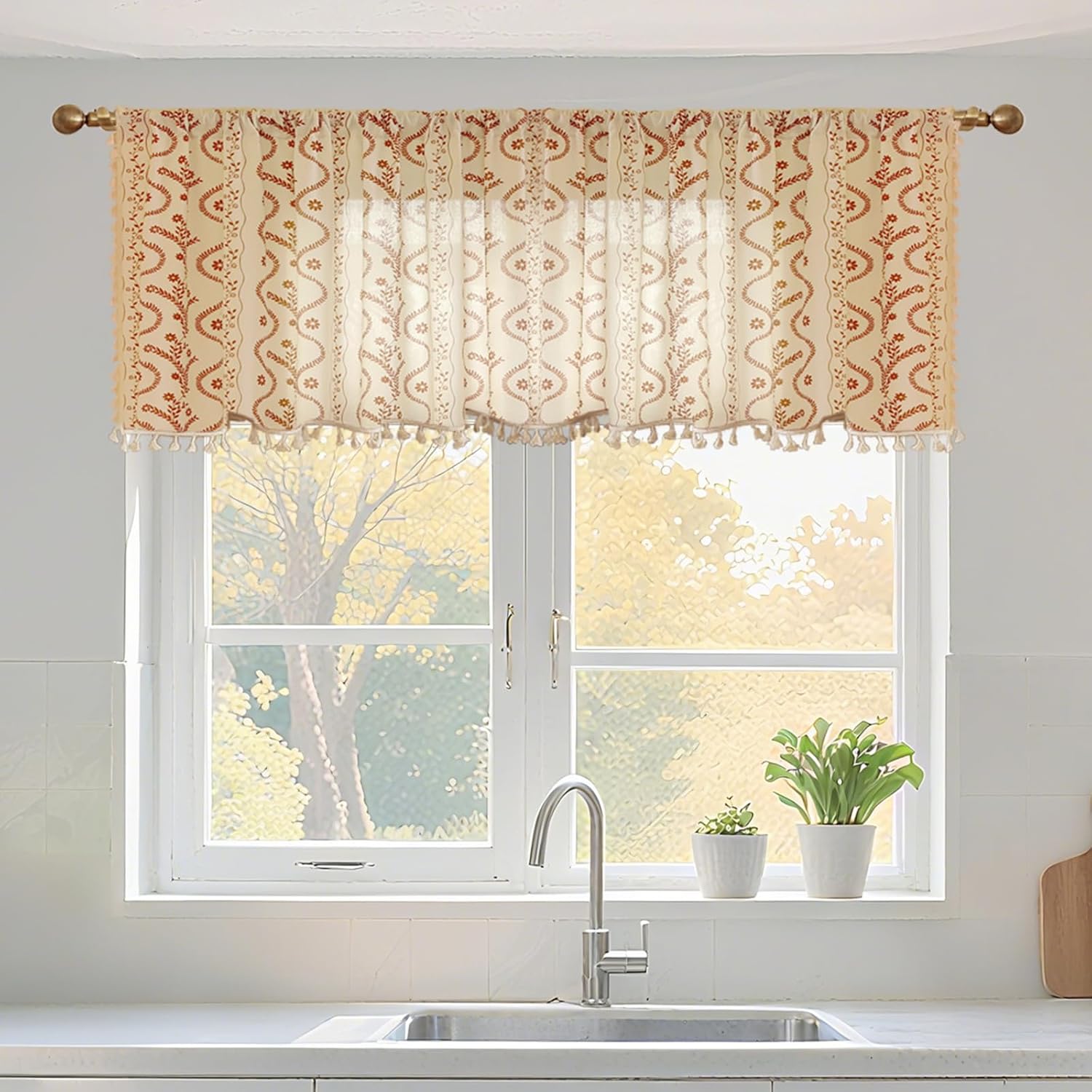 Linen Boho Curtains with Tassels and Floral Pattern