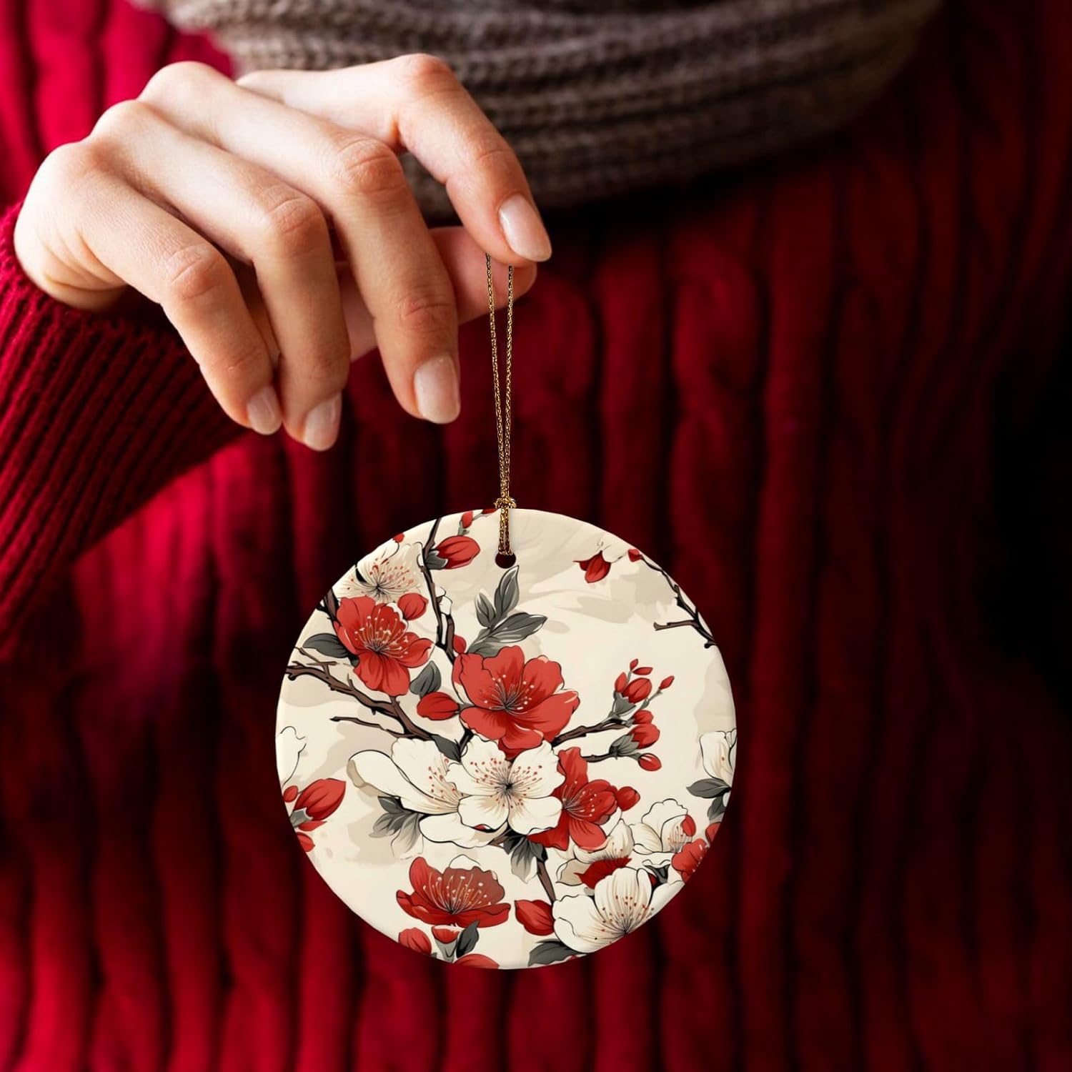 Christmas Ornaments White Red Cherry Blossom Ceramic Round Pendant Decor