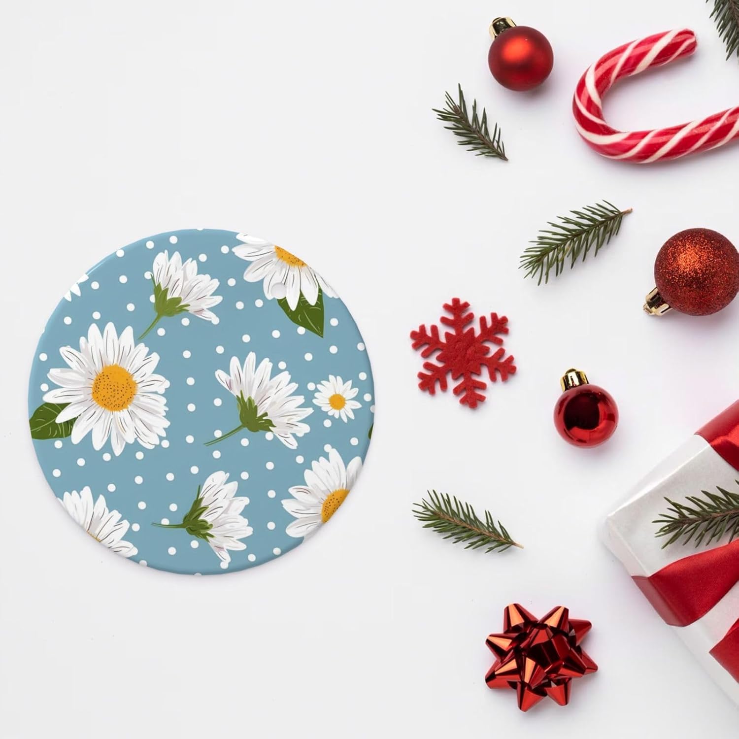 Christmas Ornaments Daisy Flower Polka Dots Round Ceramic Pendant Decor