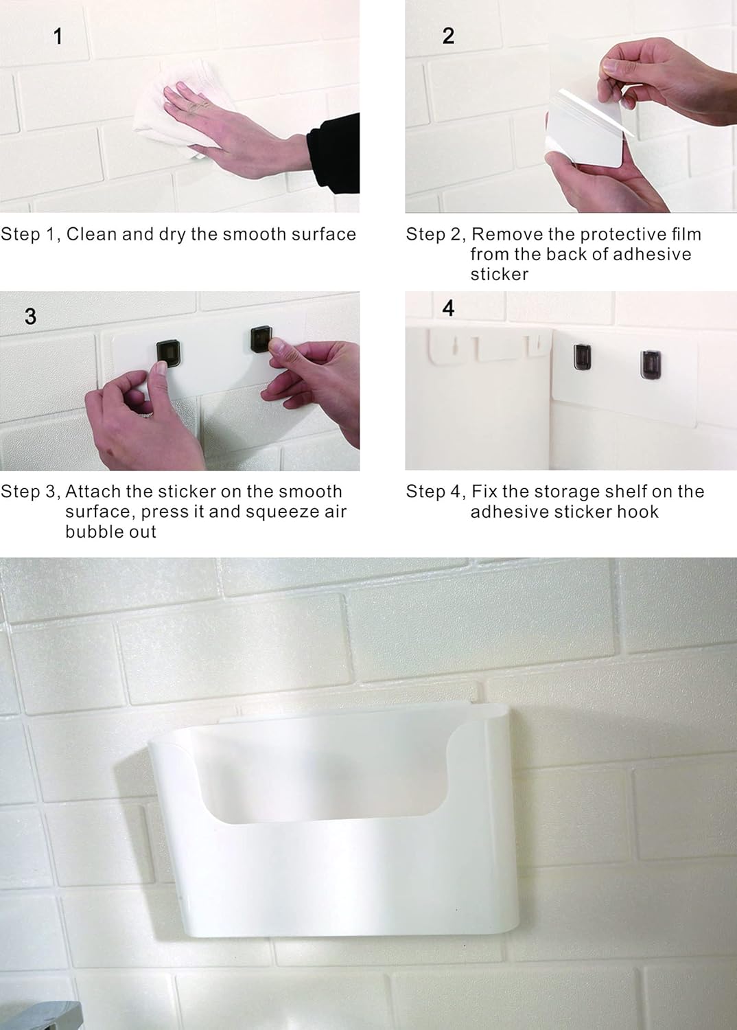 Adhesive Wall Mounted Shelves 4pcs Set White ABS Plastic Hanging Storage Bins