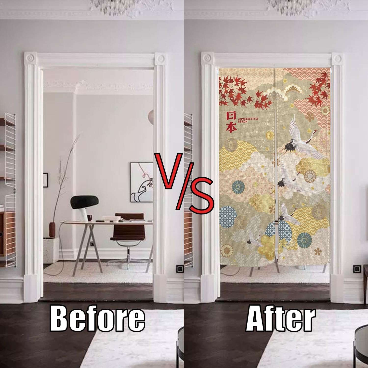 Japanese Style Noren Door Curtain with Maple Leaf and Crane Designs