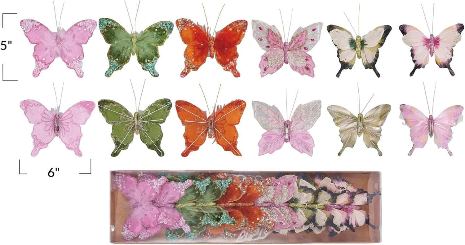 Creative Co-Op Feather Butterfly Clip-On Ornaments Set of 12