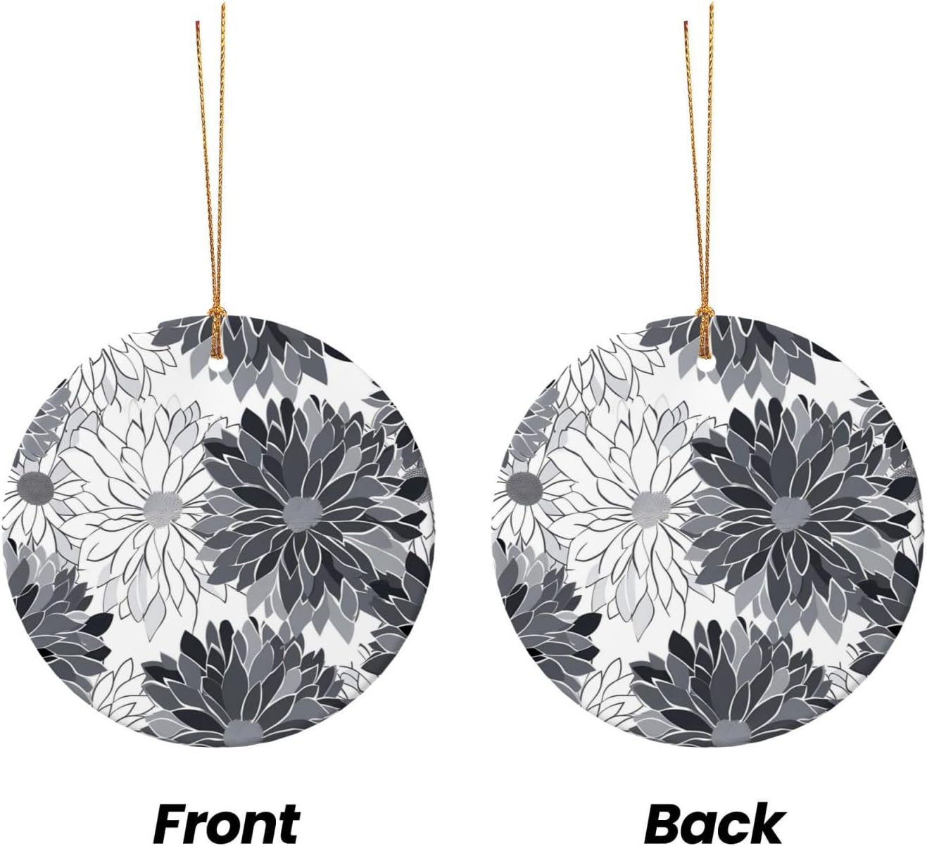 Christmas Ornaments Grey Black White Flower Round Ceramic Pendant Decor