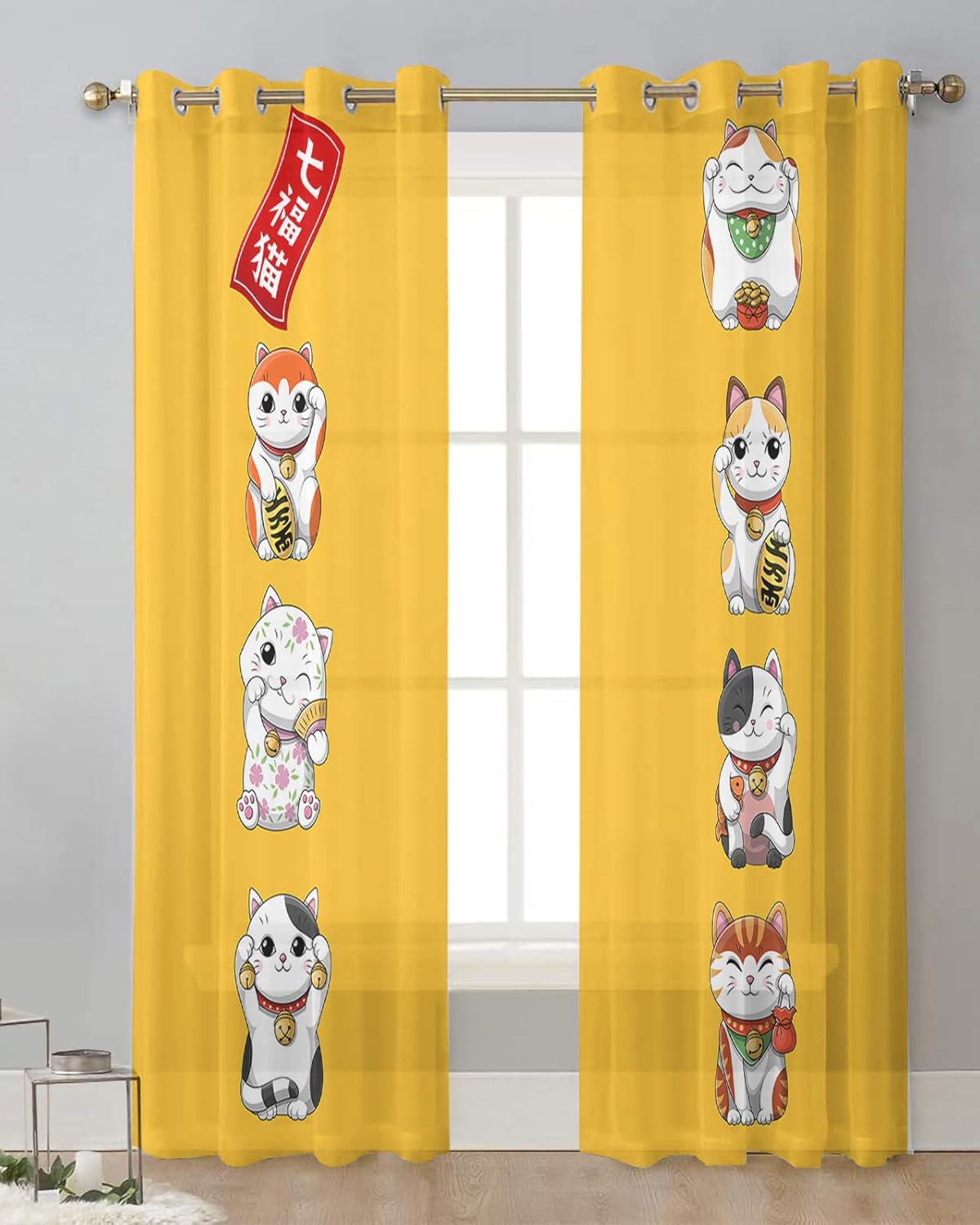 Falaniique Lucky Cats Sheer Curtains 2 Panels Set