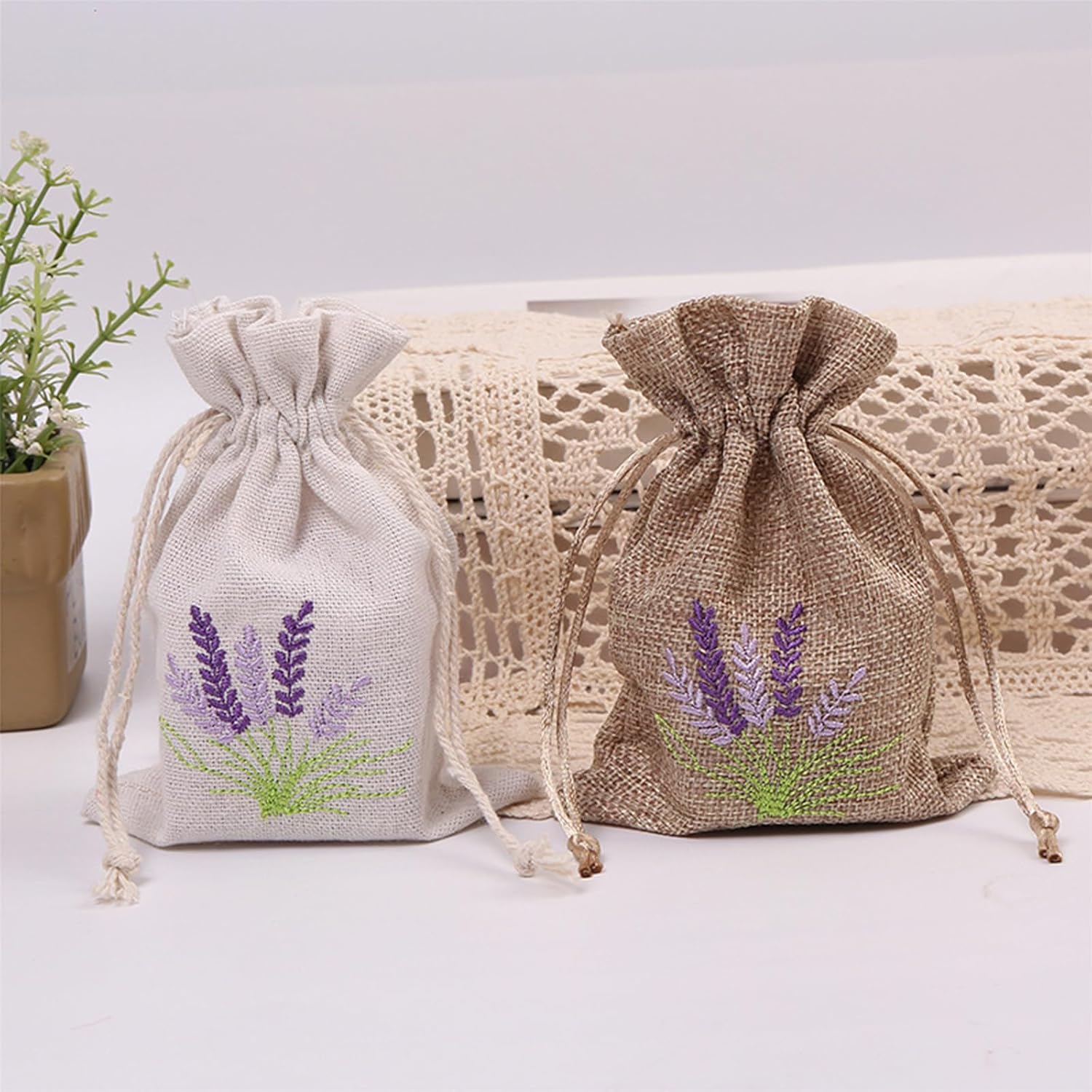 Pack Of 10 Cotton Linen Drawstring Bags for Lavender Storage