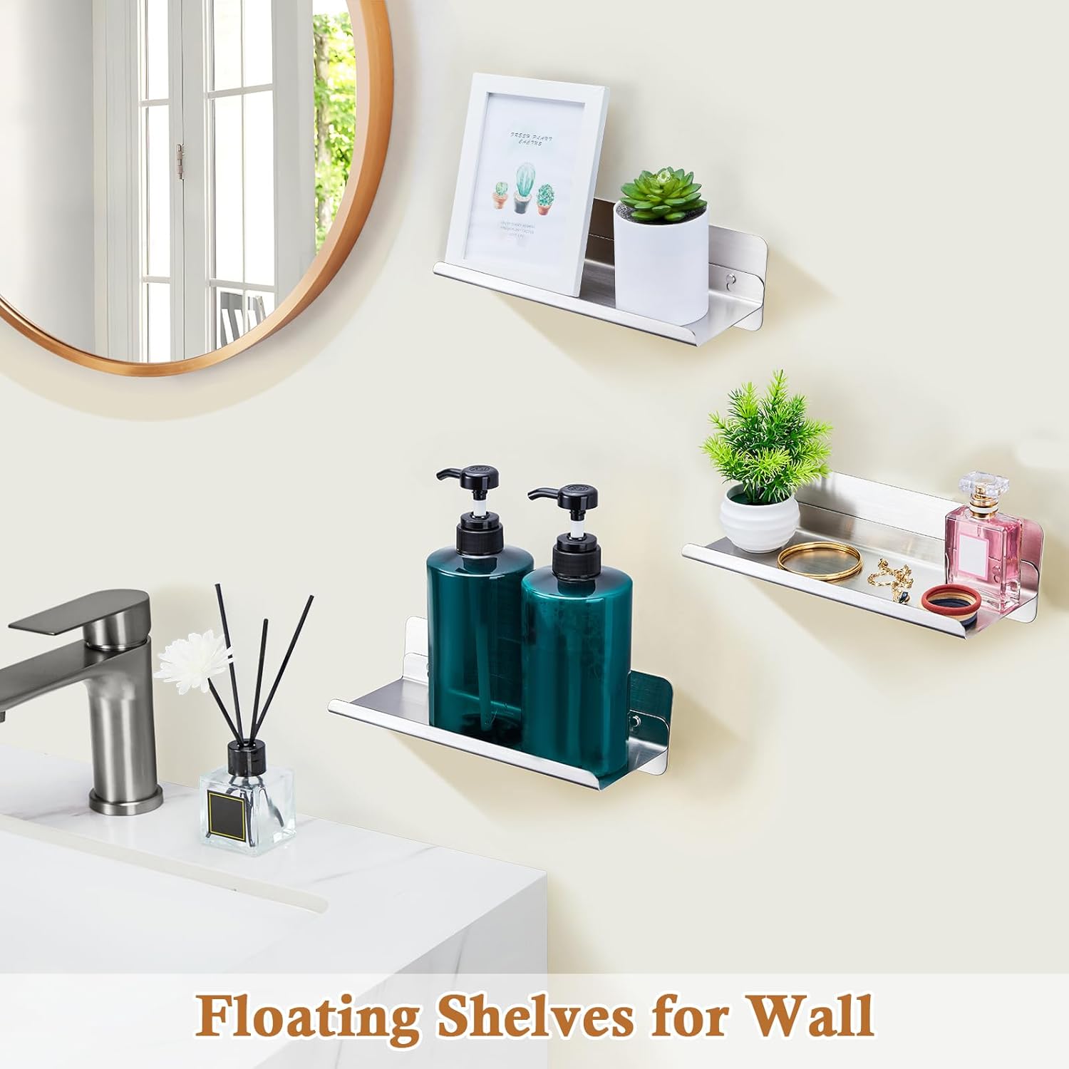 LOXSUN Floating Wall Shelf Stainless Steel No Drilling Shower Organizer