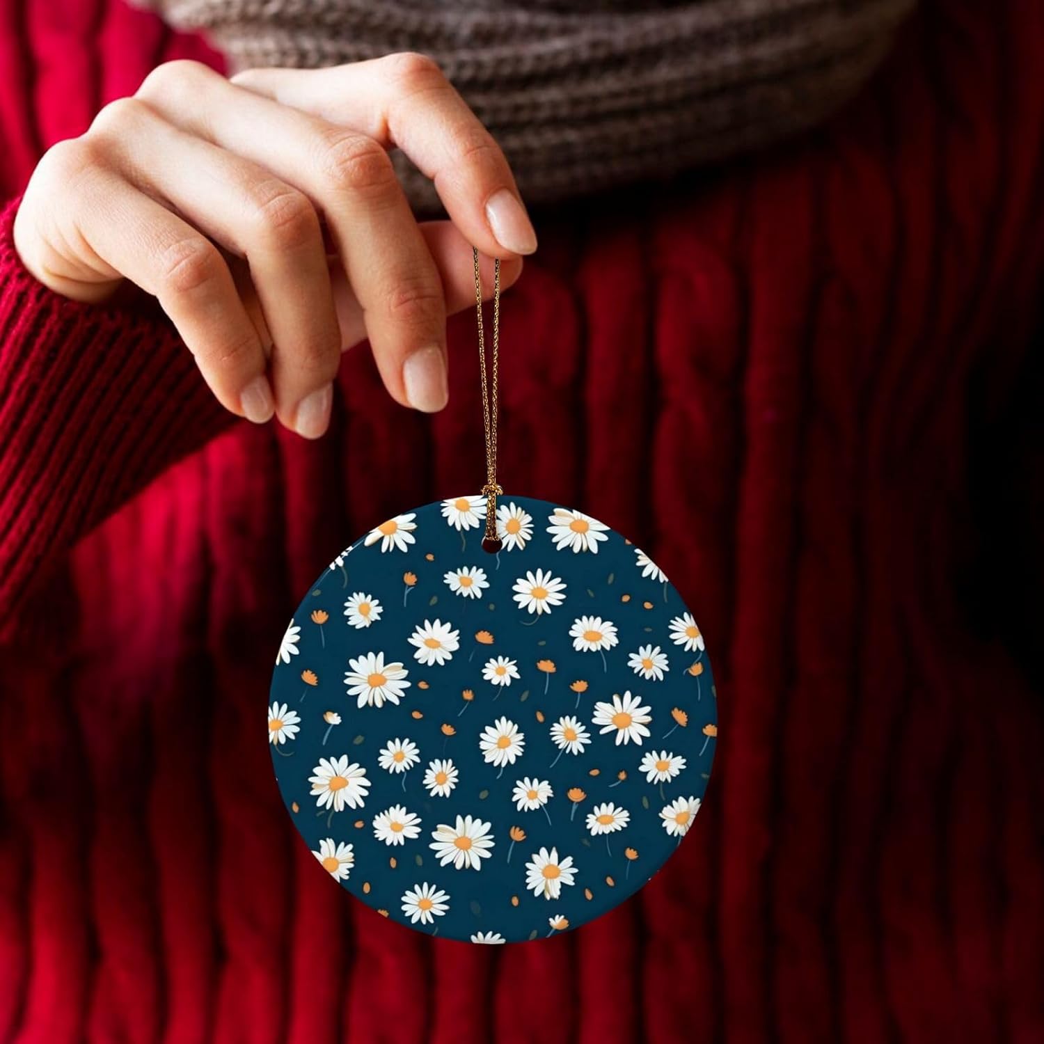 Christmas Ornaments Daisy Flower Round Ceramic Pendant Decor