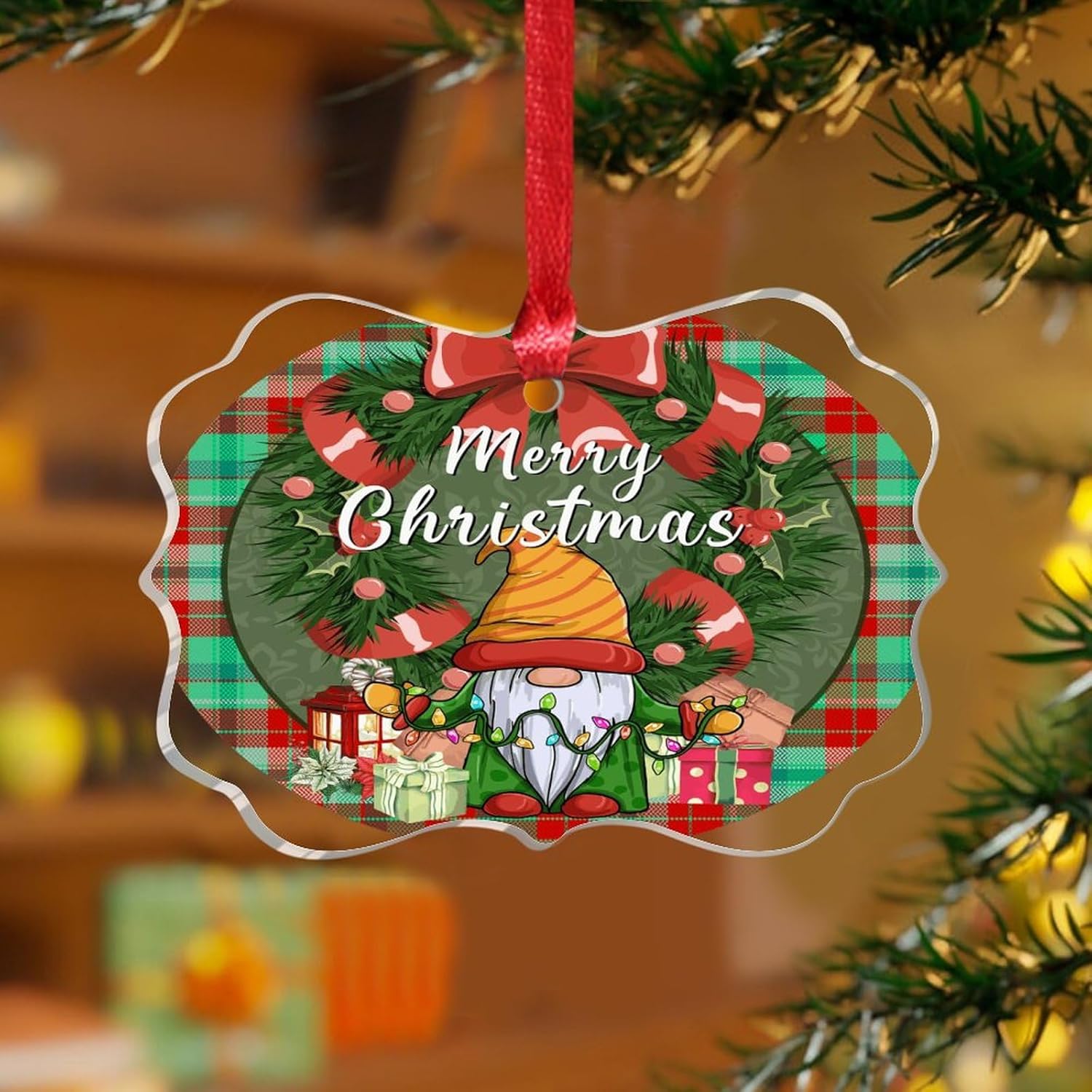 Acrylic Christmas Ornament Decor with Buffalo Plaid Gnome Design