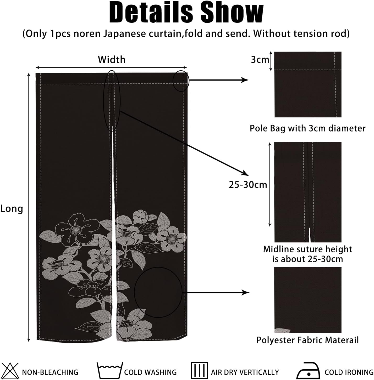 Black Noren Door Curtain with Blooming Flowers Pattern