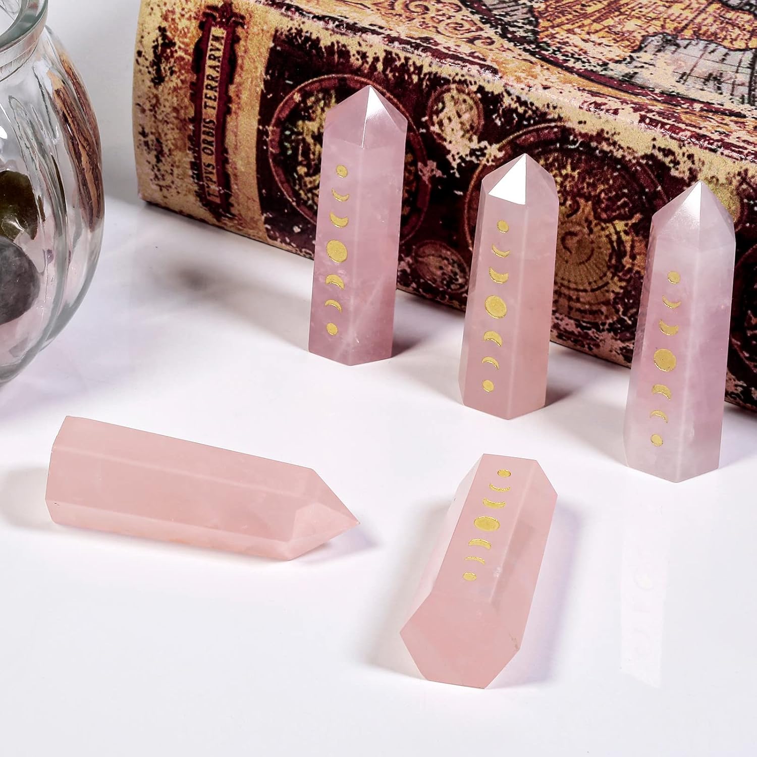 Set of 4 Engraved Moon Phase Crystal Wands for Reiki and Meditation