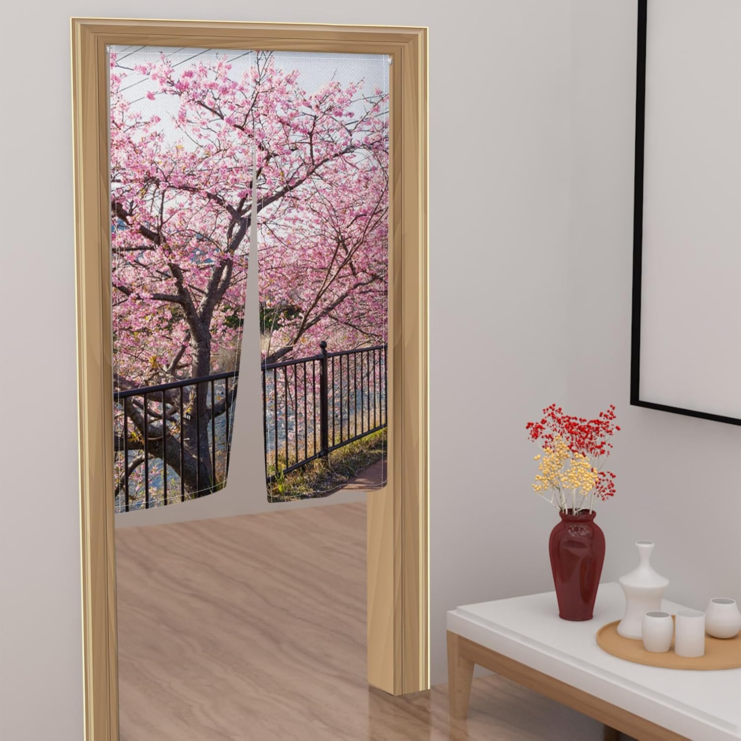 Leowefowa Japanese Noren Curtain Spring Pink Cherry Blossom Long