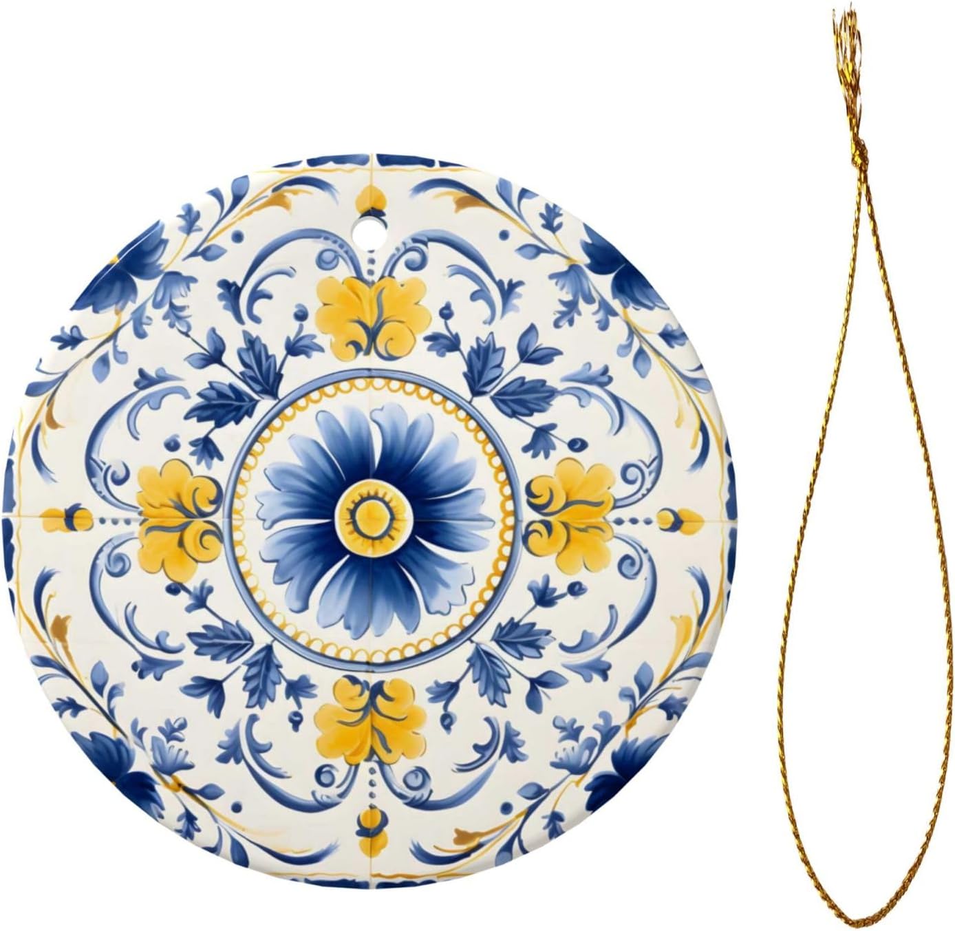 DXTKWL Christmas Ornaments Blue Yellow Ceramic Round Pendant Hanging Decorations