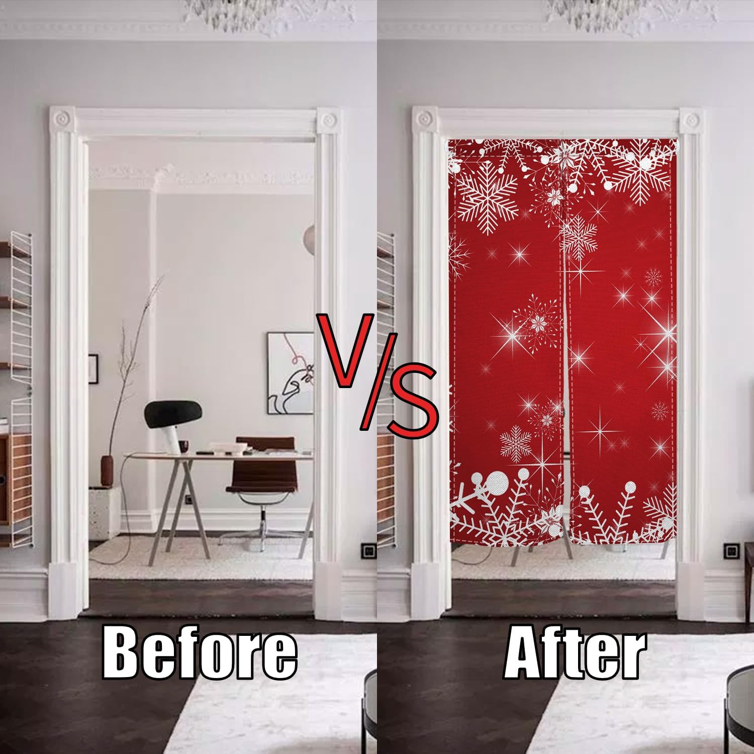 Japanese Noren Door Curtain with Christmas Red and Snowflake Pattern