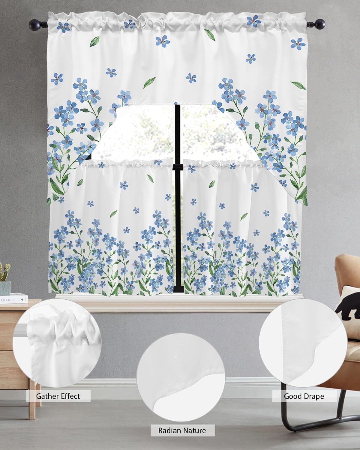 Farmhouse Floral Curtains Swag Valance and Tier Set 24 Inch