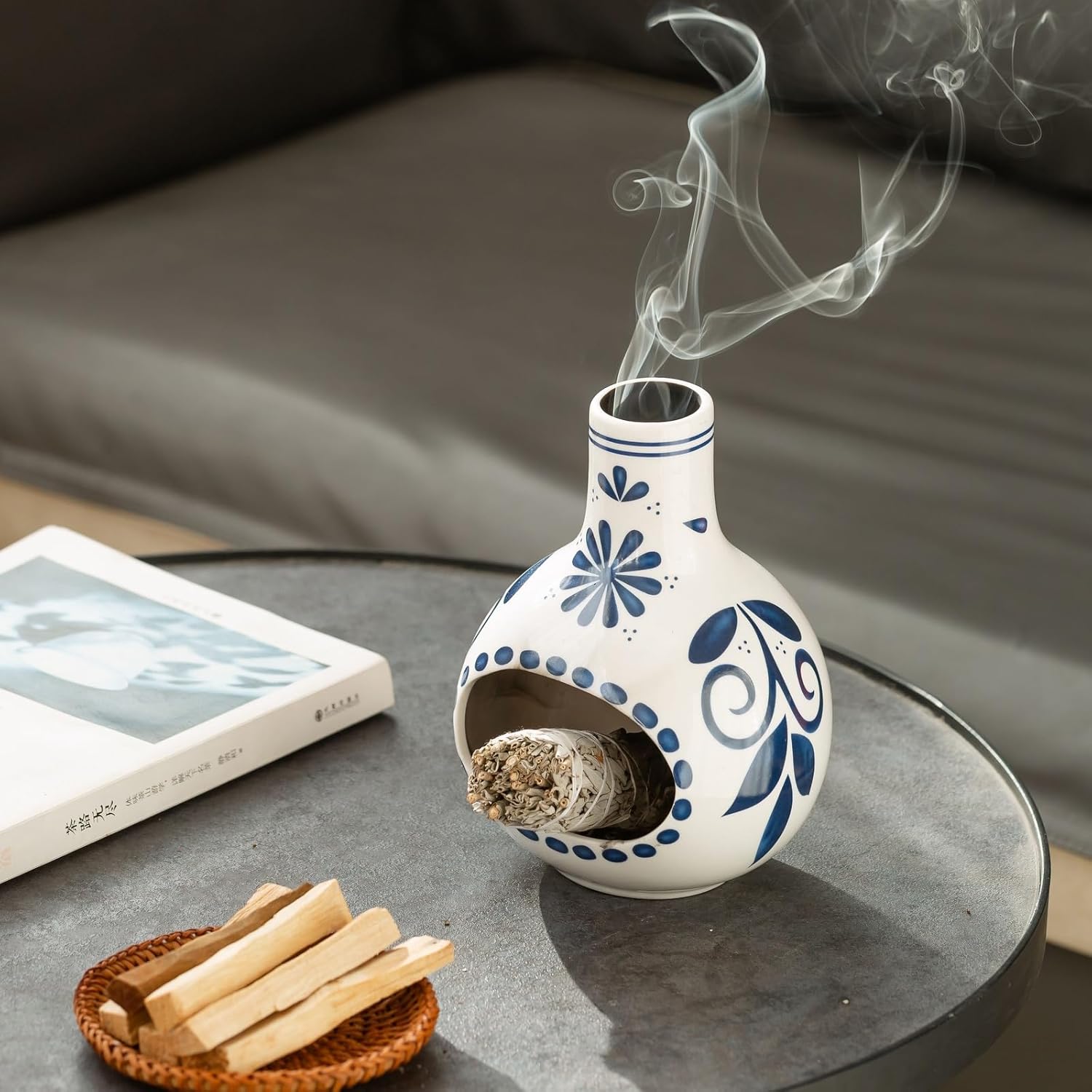 Handmade Ceramic Palo Santo Holder Burner - Mini Tabletop Chiminea with Ash Catcher