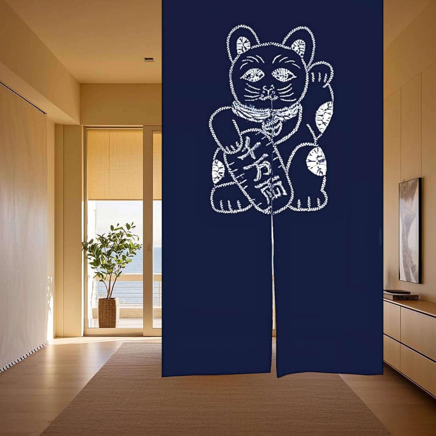 Hand Dyed Japanese Noren Curtain with Lucky Cat Design