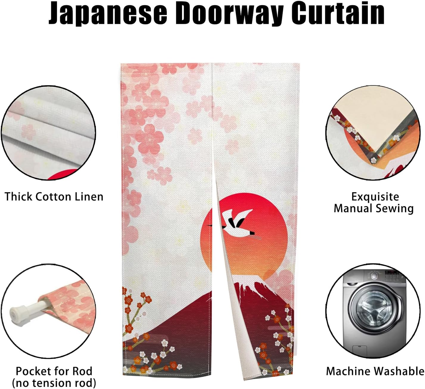 Japanese Noren Door Curtain with Red Sun Print