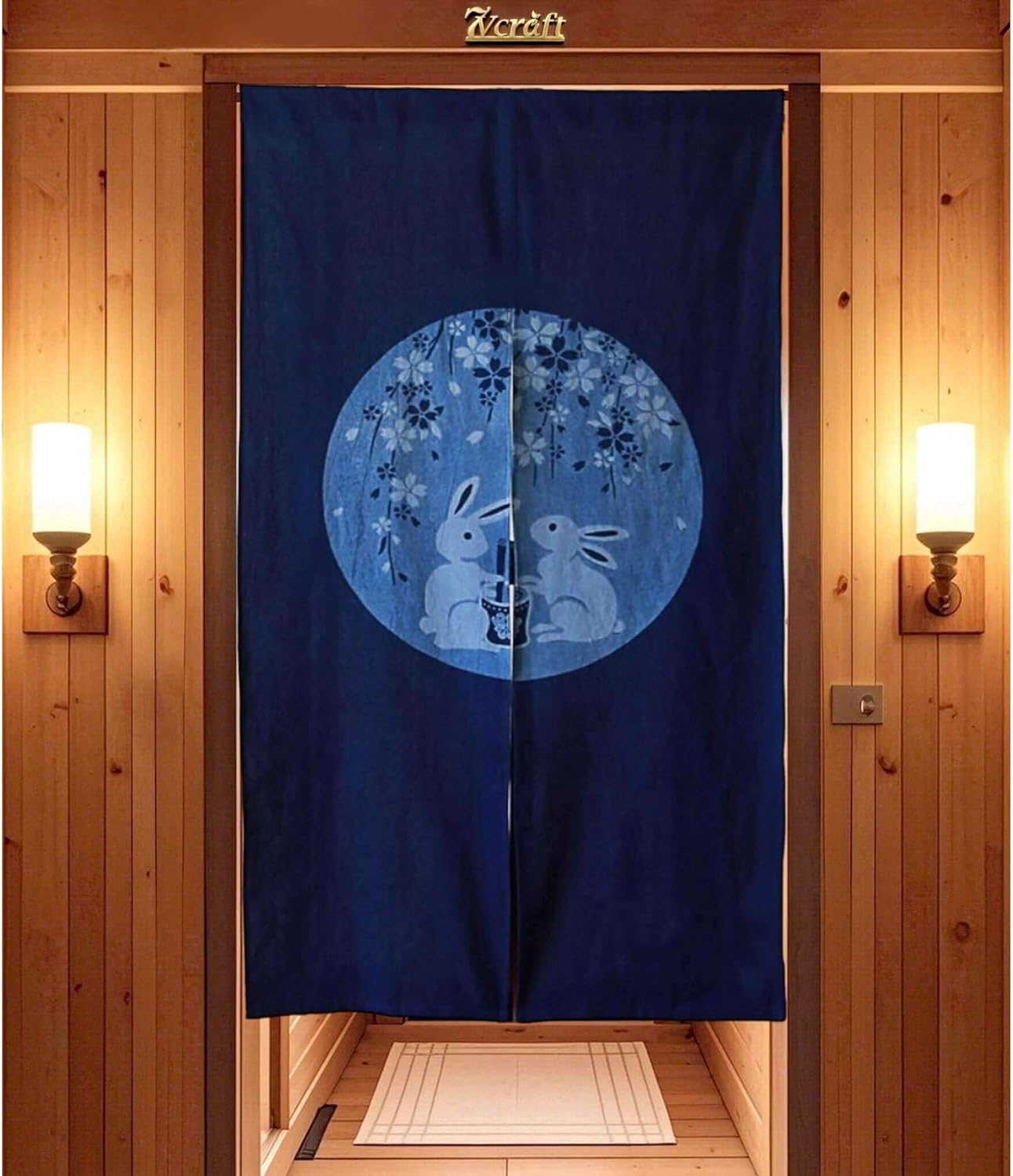 Handmade Shibori Noren Curtain in Cherry Blossom Bunnies