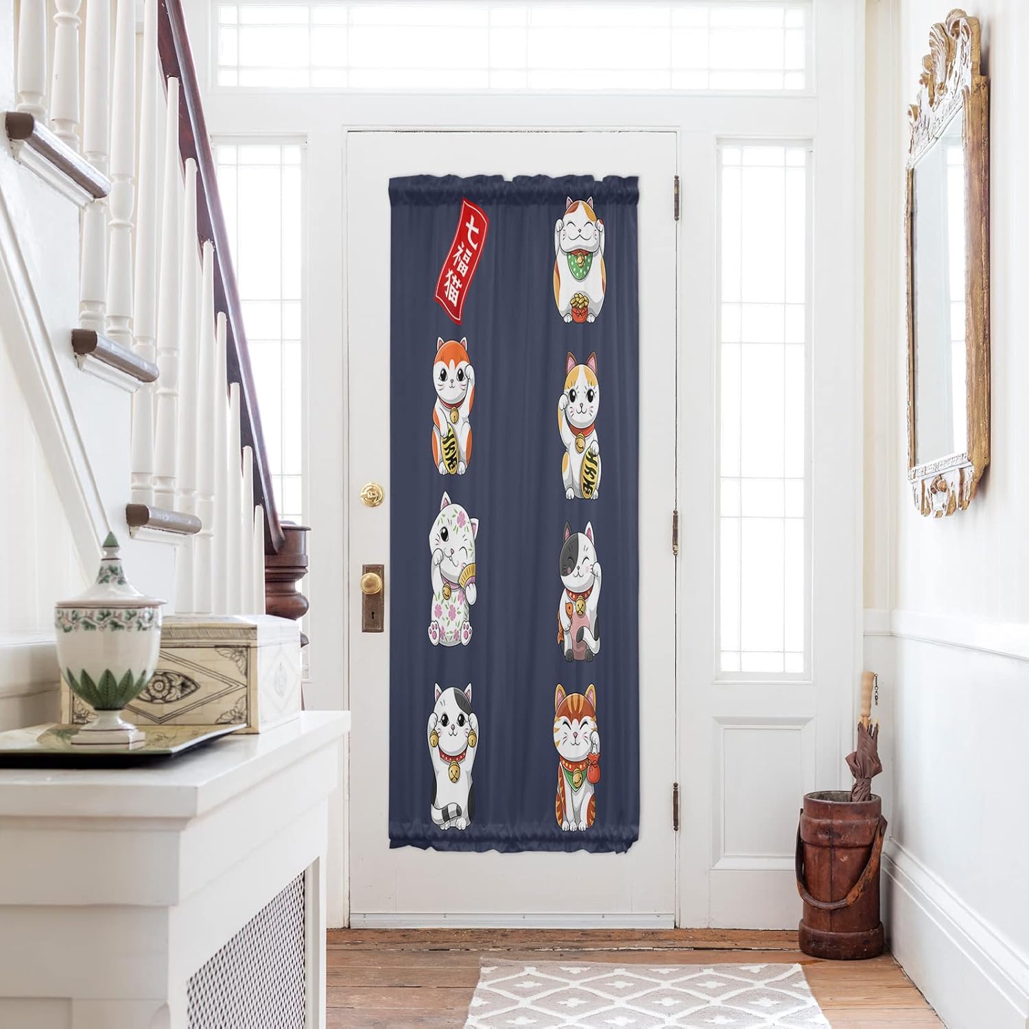 Japanese Noren Door Curtains With Double Rod Pocket Lucky Cats Blue