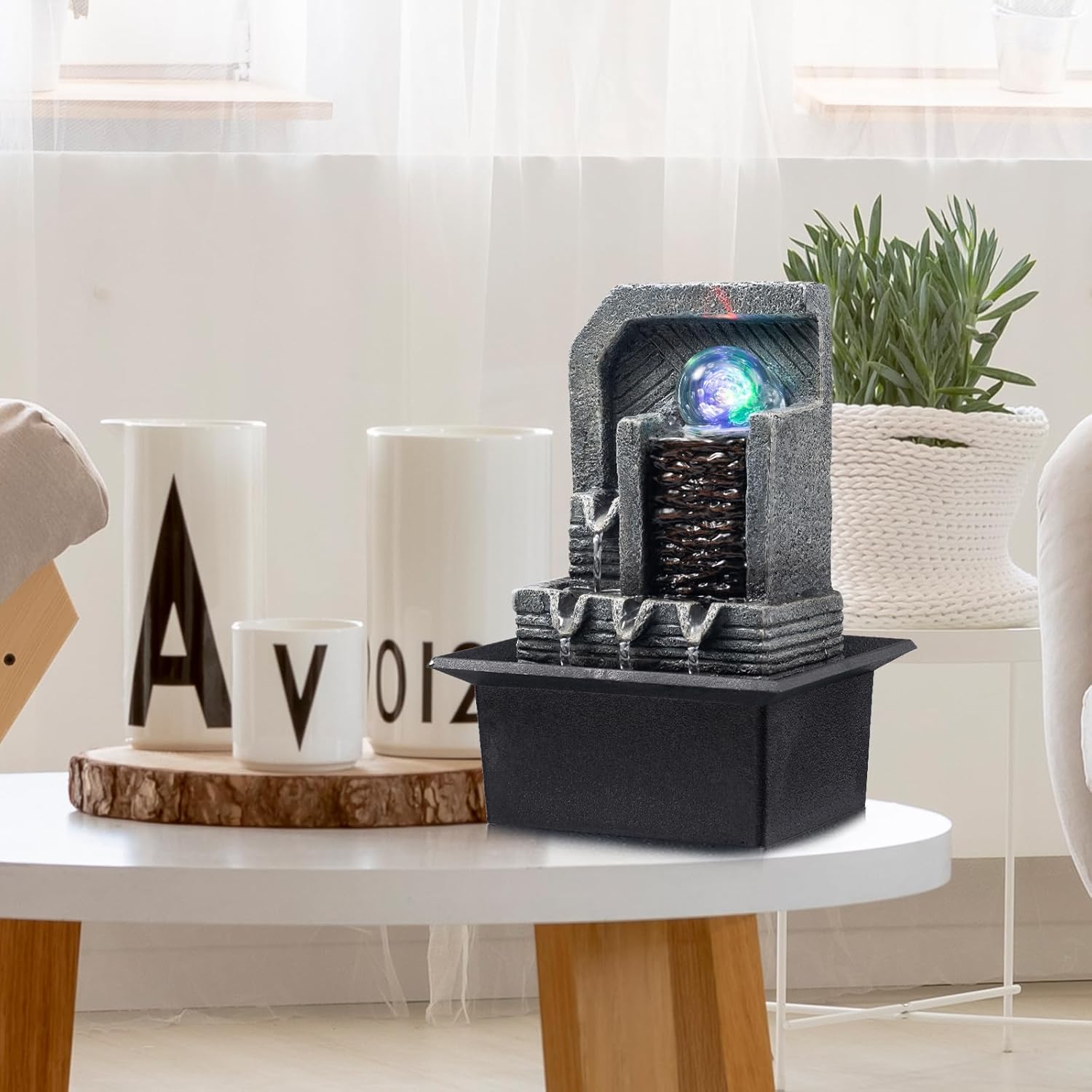 AMOOTEK Tabletop Fountain with LED Lights and Rotating Sphere