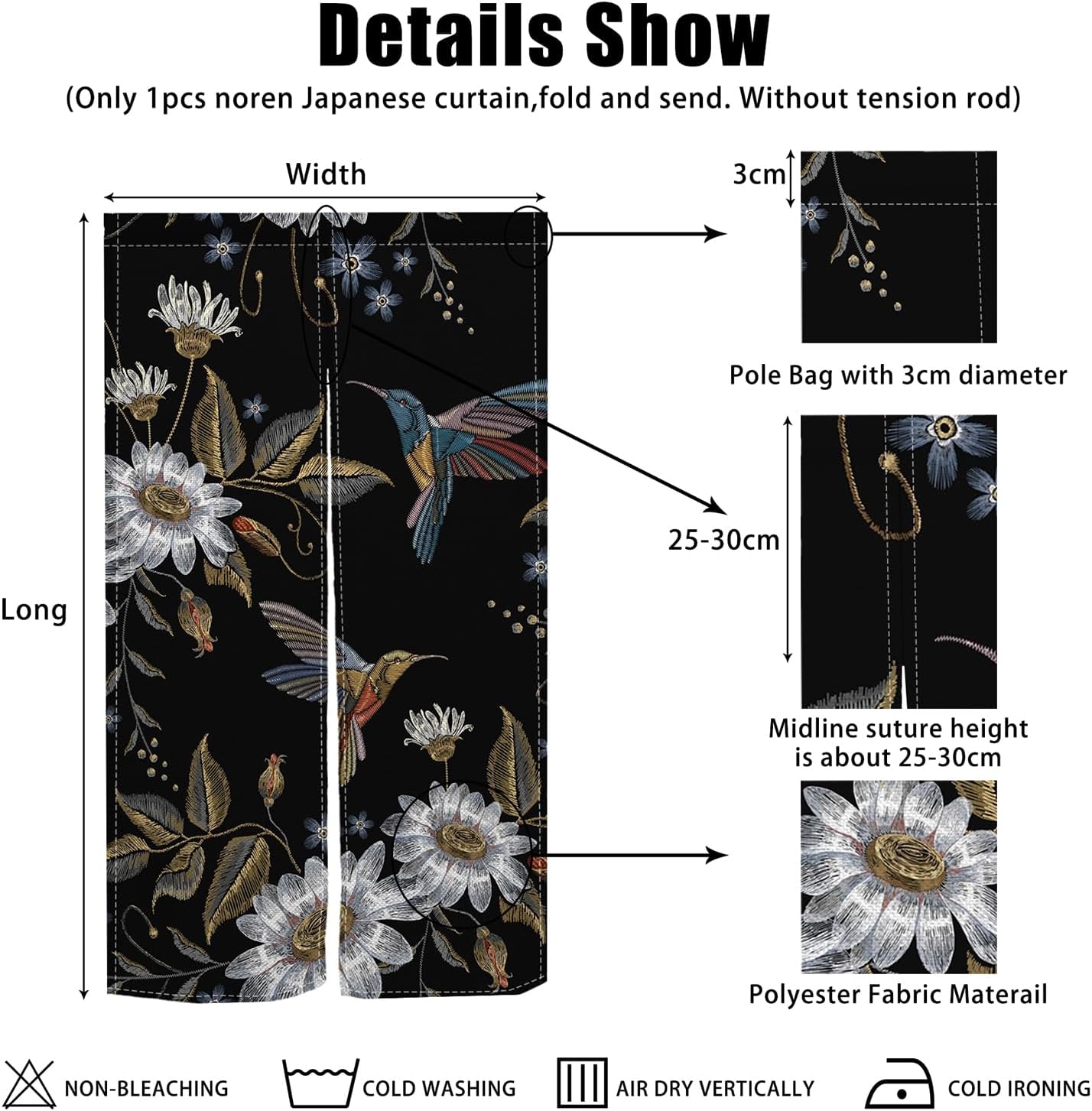 Japanese Noren Door Curtain with Blooming Flowers and Birds Pattern