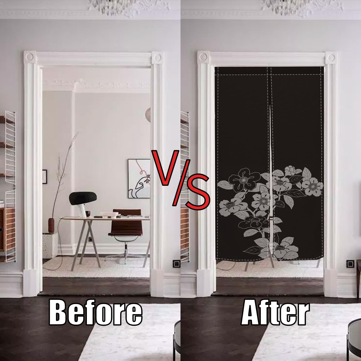 Black Noren Door Curtain with Blooming Flowers Pattern