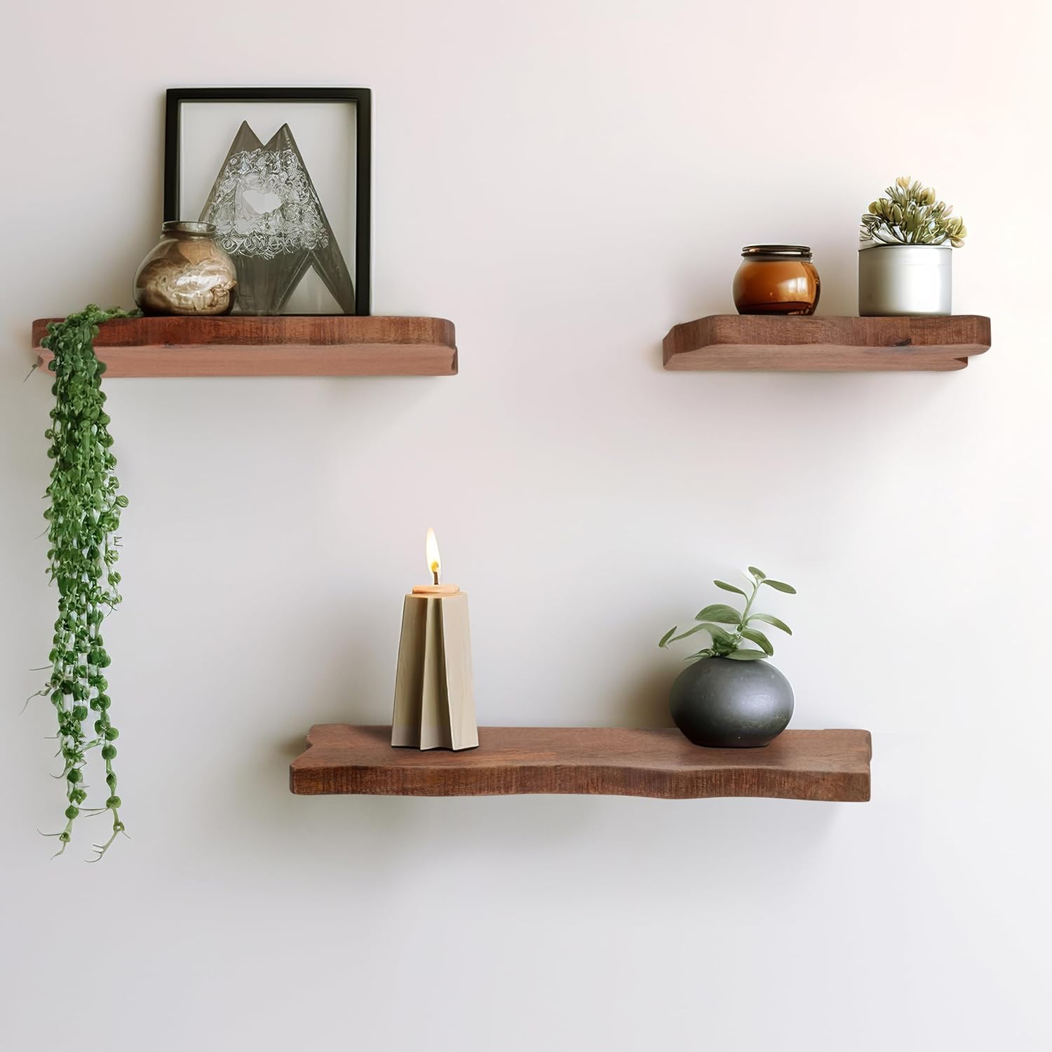 Sagebrook Home Floating Wall Shelves Set of 3 Mango Wood with Iron Brackets