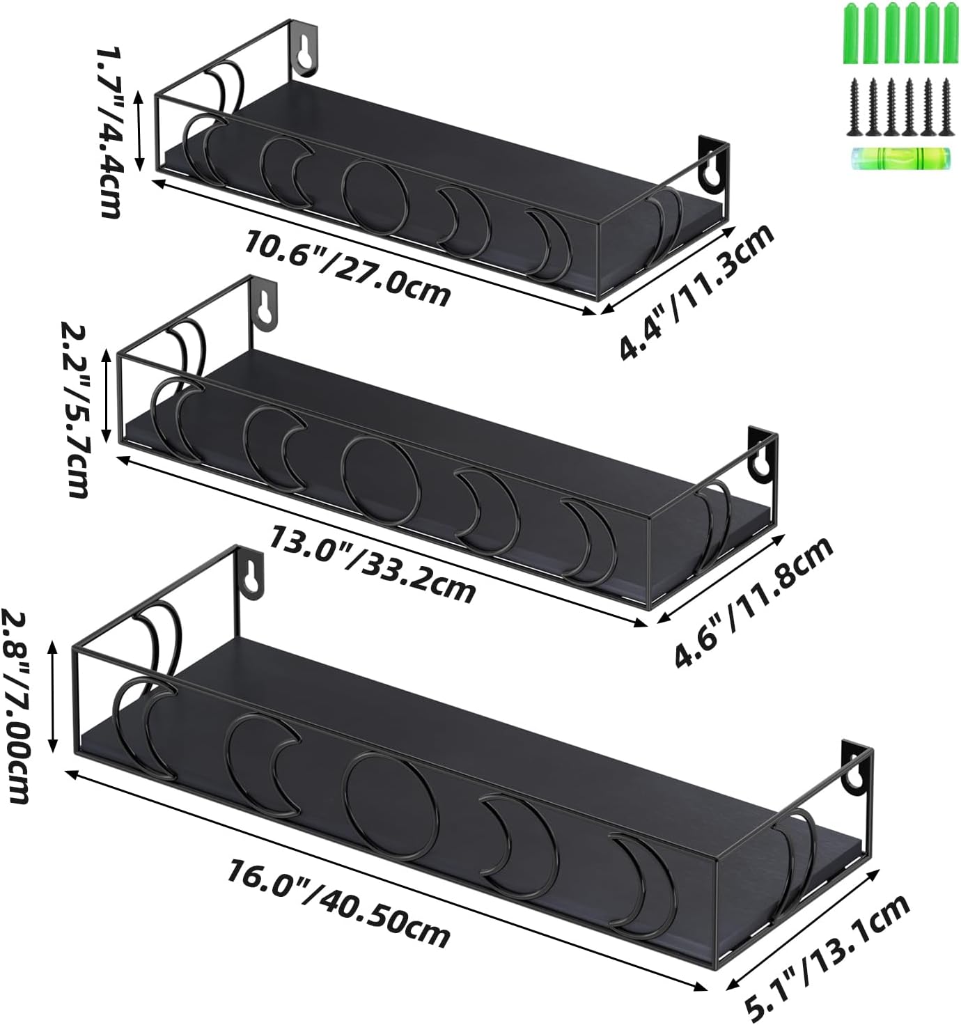 Moon Phase Wall Shelves Black 3 Pack Floating Book Shelves